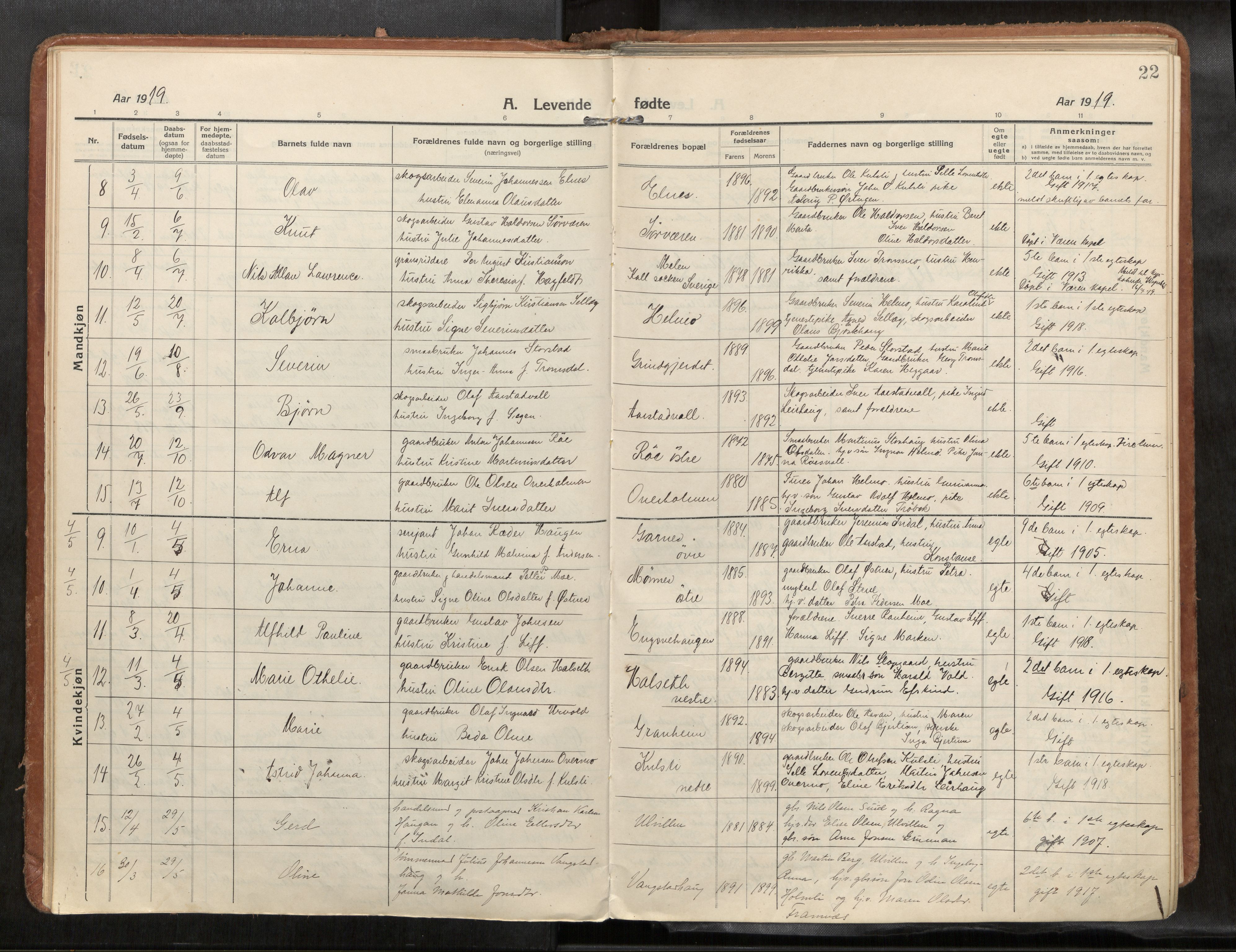 Verdal sokneprestkontor, AV/SAT-A-1156/2/H/Haa/L0004: Parish register (official) no. 4, 1916-1928, p. 22