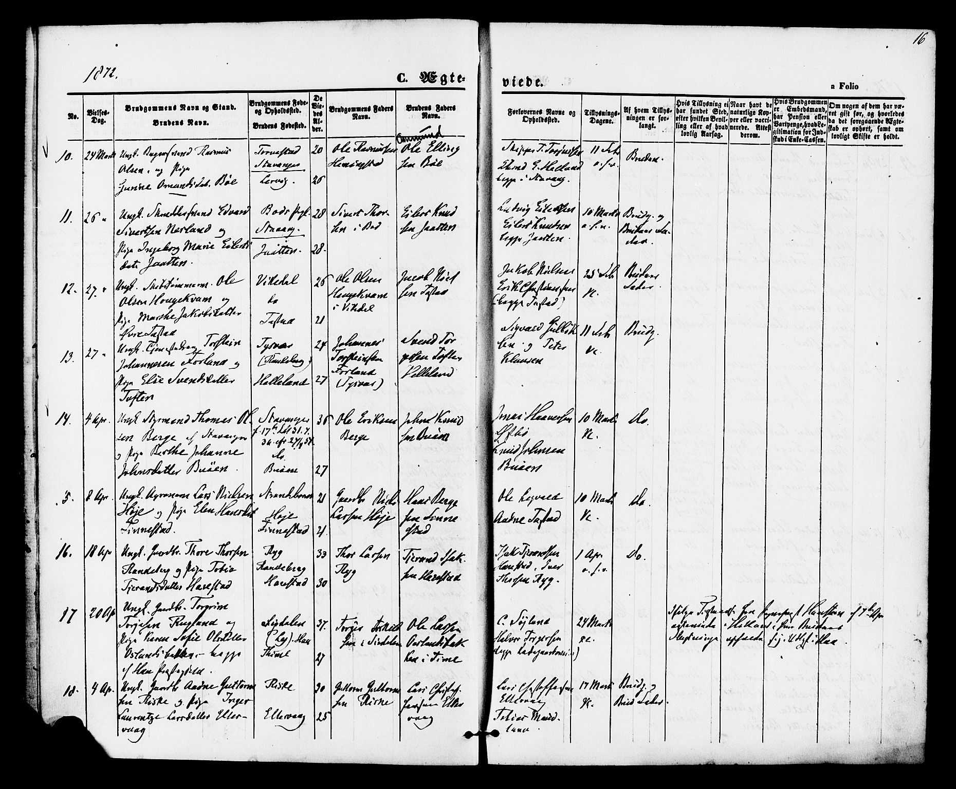 Hetland sokneprestkontor, AV/SAST-A-101826/30/30BA/L0005: Parish register (official) no. A 5, 1869-1884, p. 16