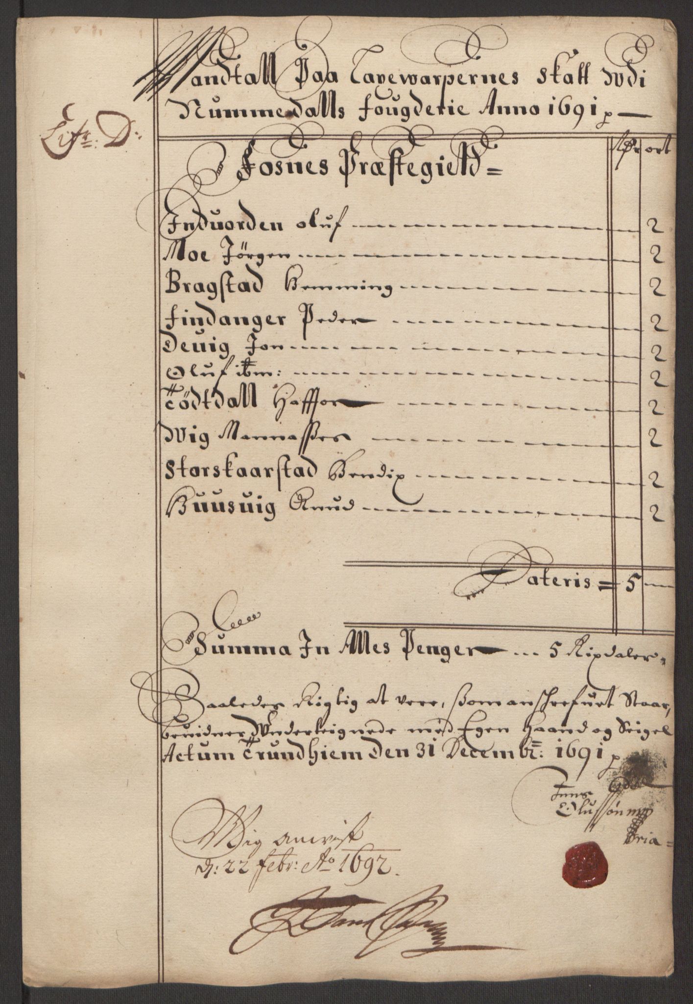 Rentekammeret inntil 1814, Reviderte regnskaper, Fogderegnskap, AV/RA-EA-4092/R64/L4423: Fogderegnskap Namdal, 1690-1691, p. 216