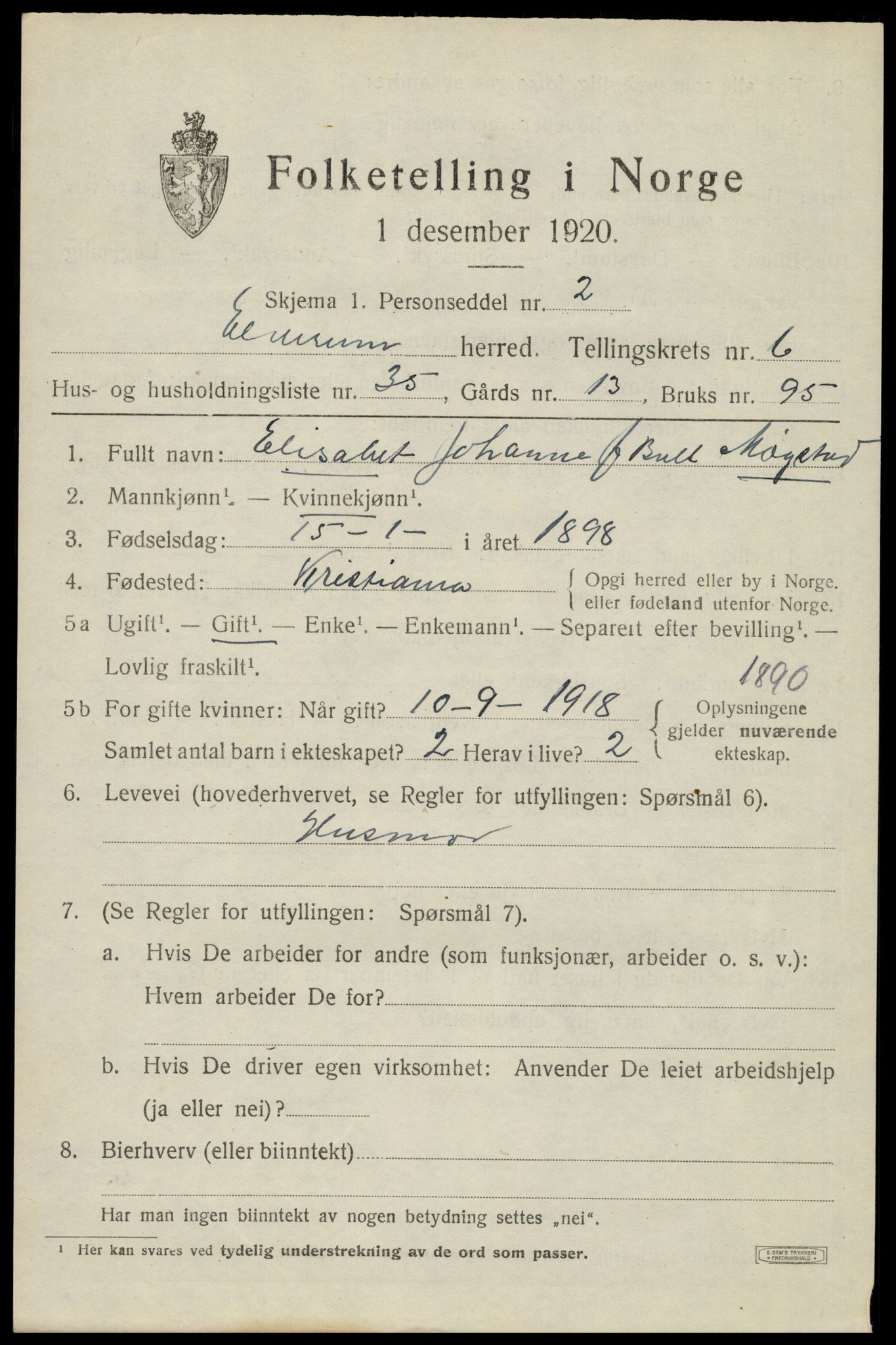 SAH, 1920 census for Elverum, 1920, p. 9702