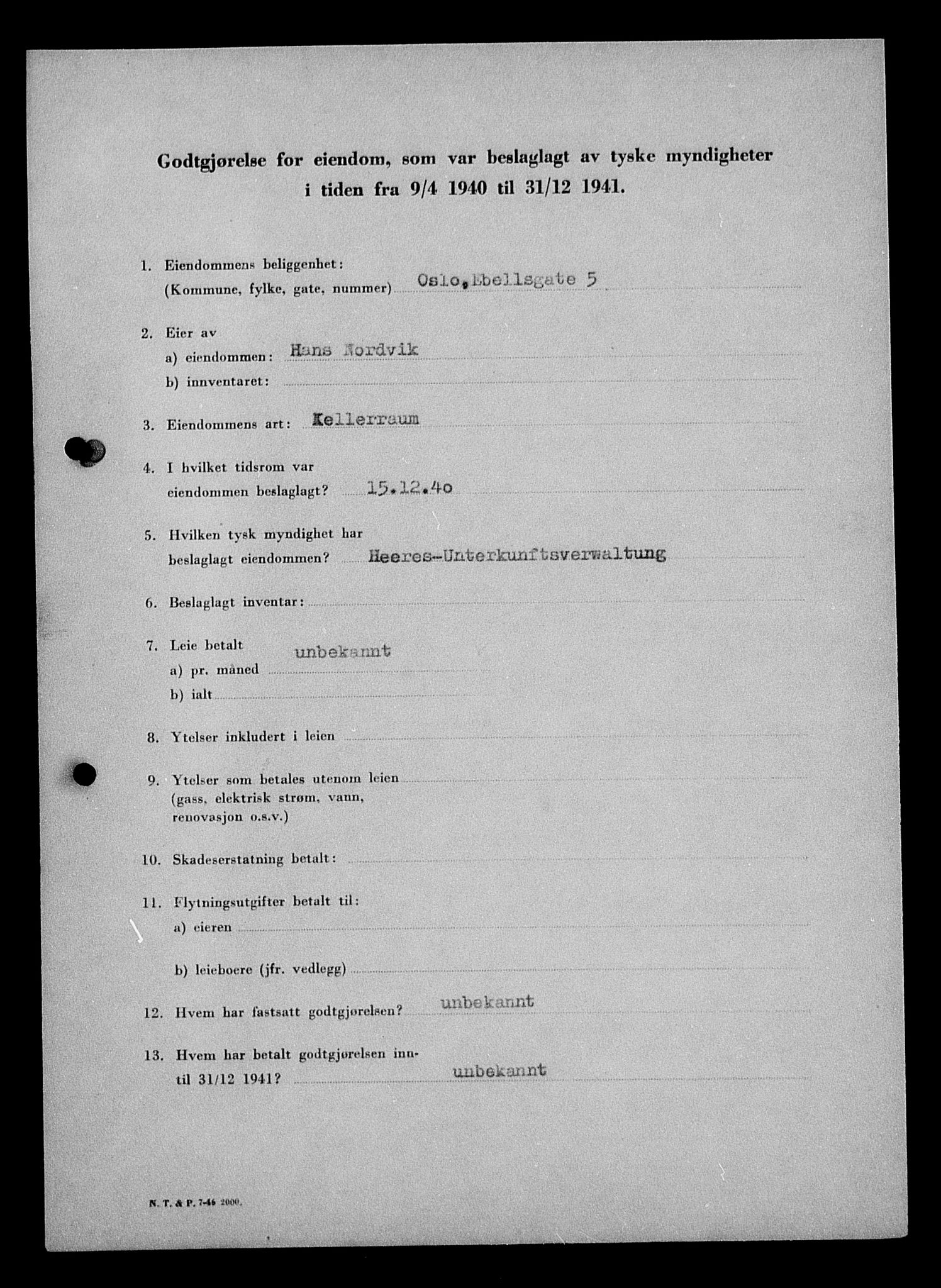 Justisdepartementet, Tilbakeføringskontoret for inndratte formuer, AV/RA-S-1564/I/L1011: Godtgjørelse for beslaglagt eiendom, 1940-1941, p. 303