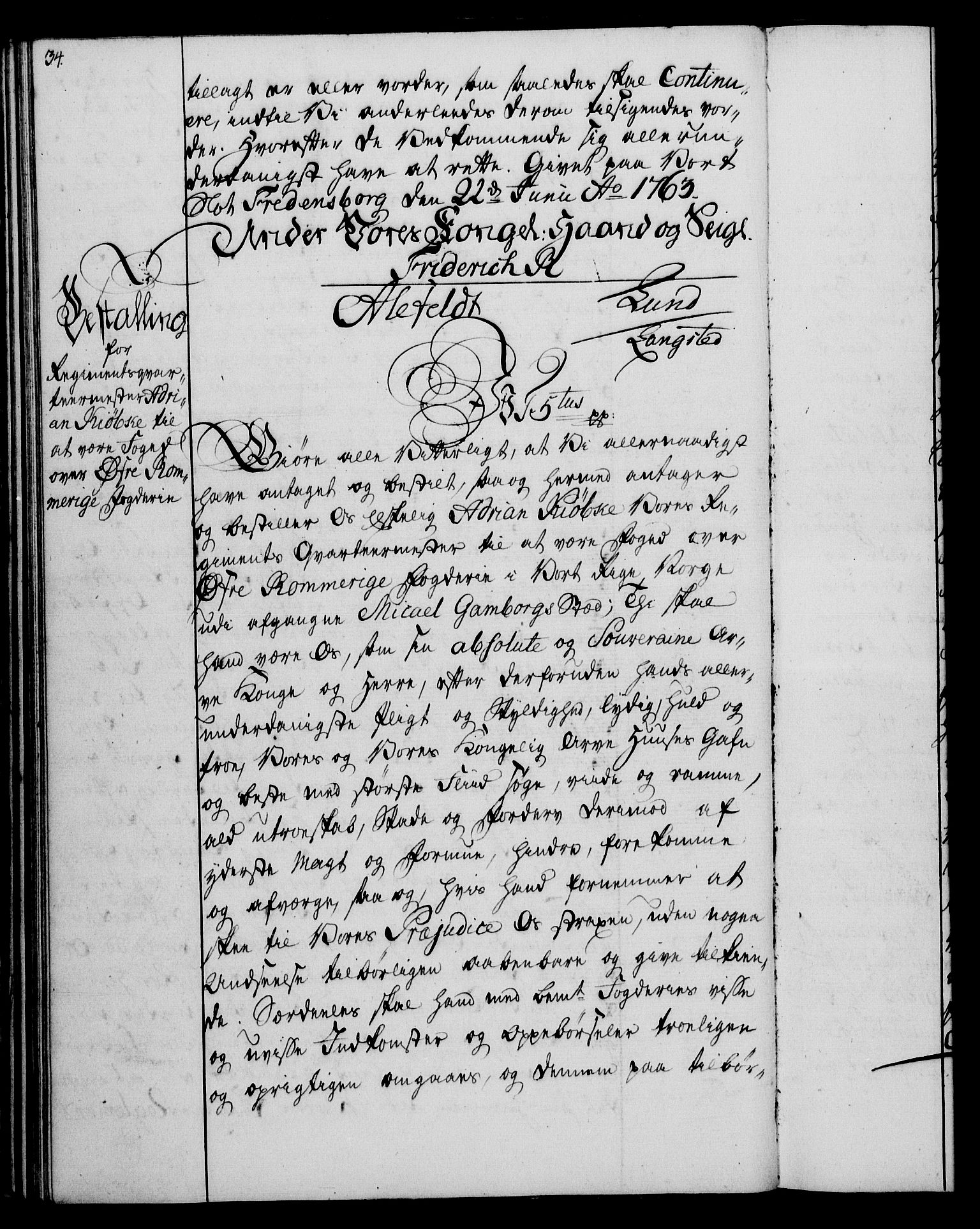 Rentekammeret, Kammerkanselliet, RA/EA-3111/G/Gg/Gge/L0004: Norsk bestallingsprotokoll med register (merket RK 53.28), 1762-1771, p. 34
