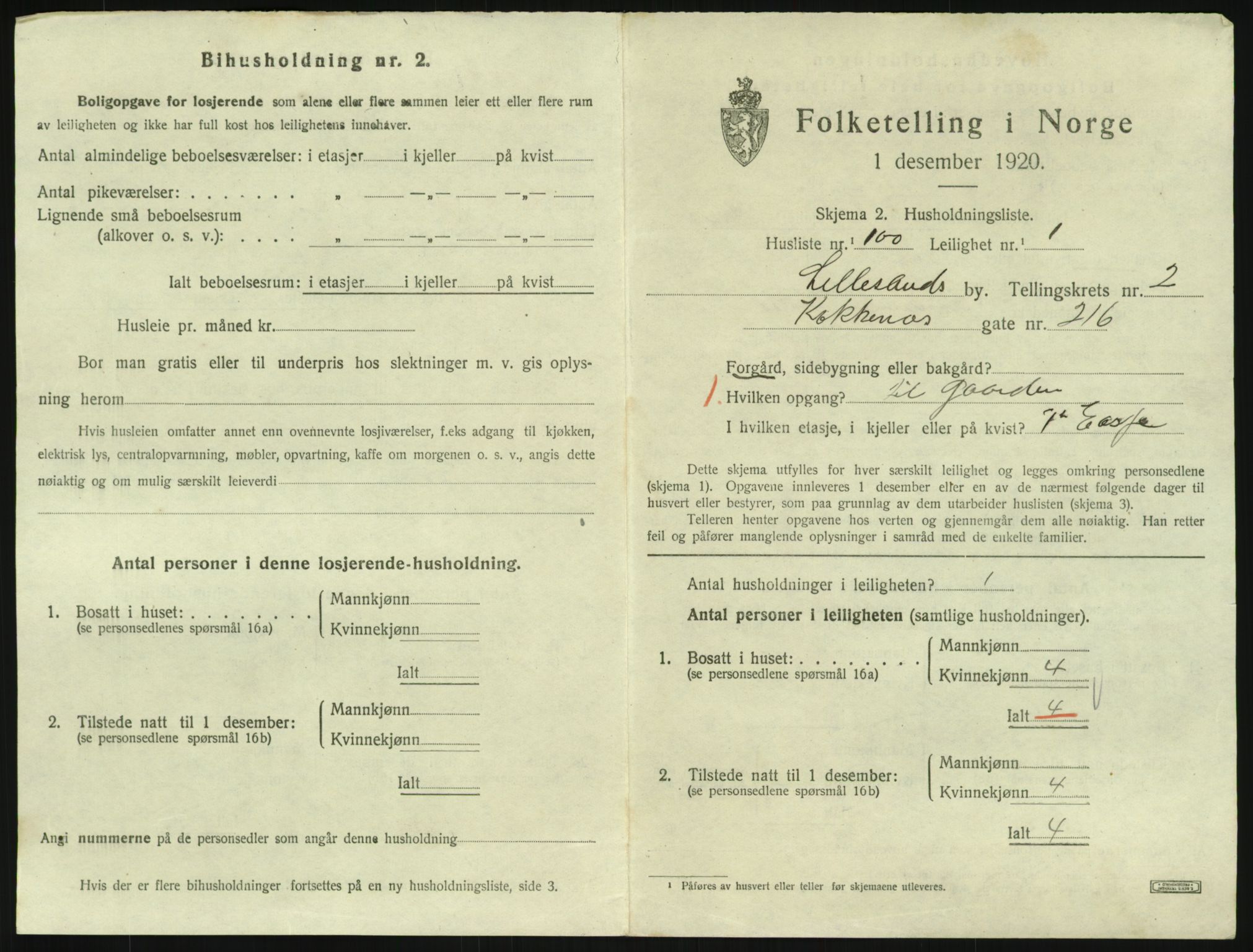 SAK, 1920 census for Lillesand, 1920, p. 1087