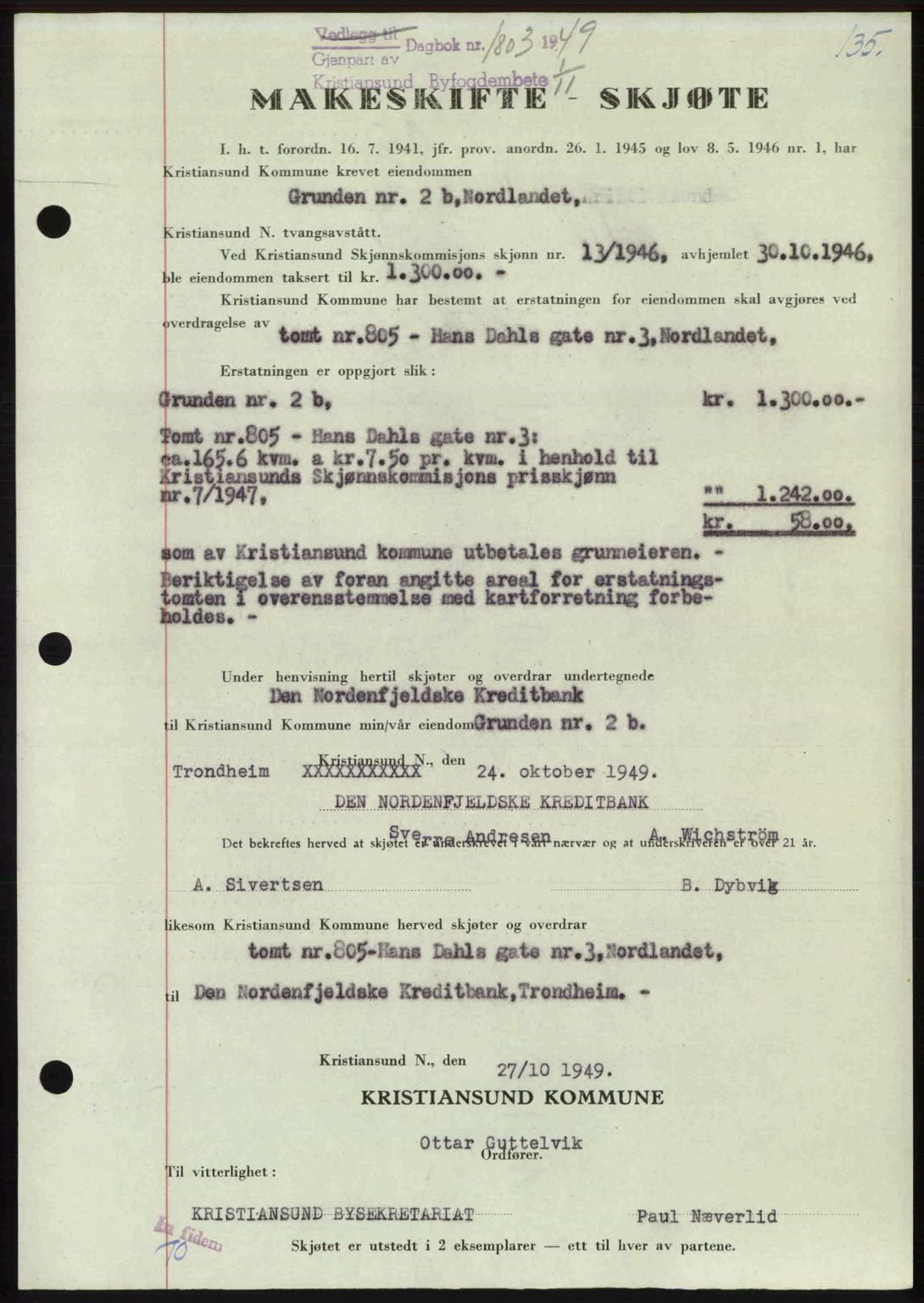 Kristiansund byfogd, AV/SAT-A-4587/A/27: Mortgage book no. 46, 1949-1950, Diary no: : 1803/1949