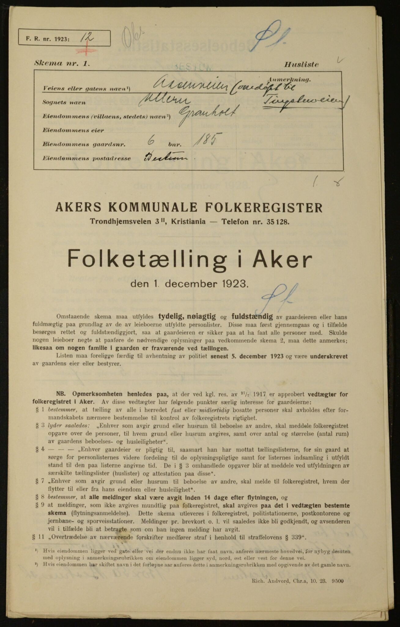 , Municipal Census 1923 for Aker, 1923, p. 62