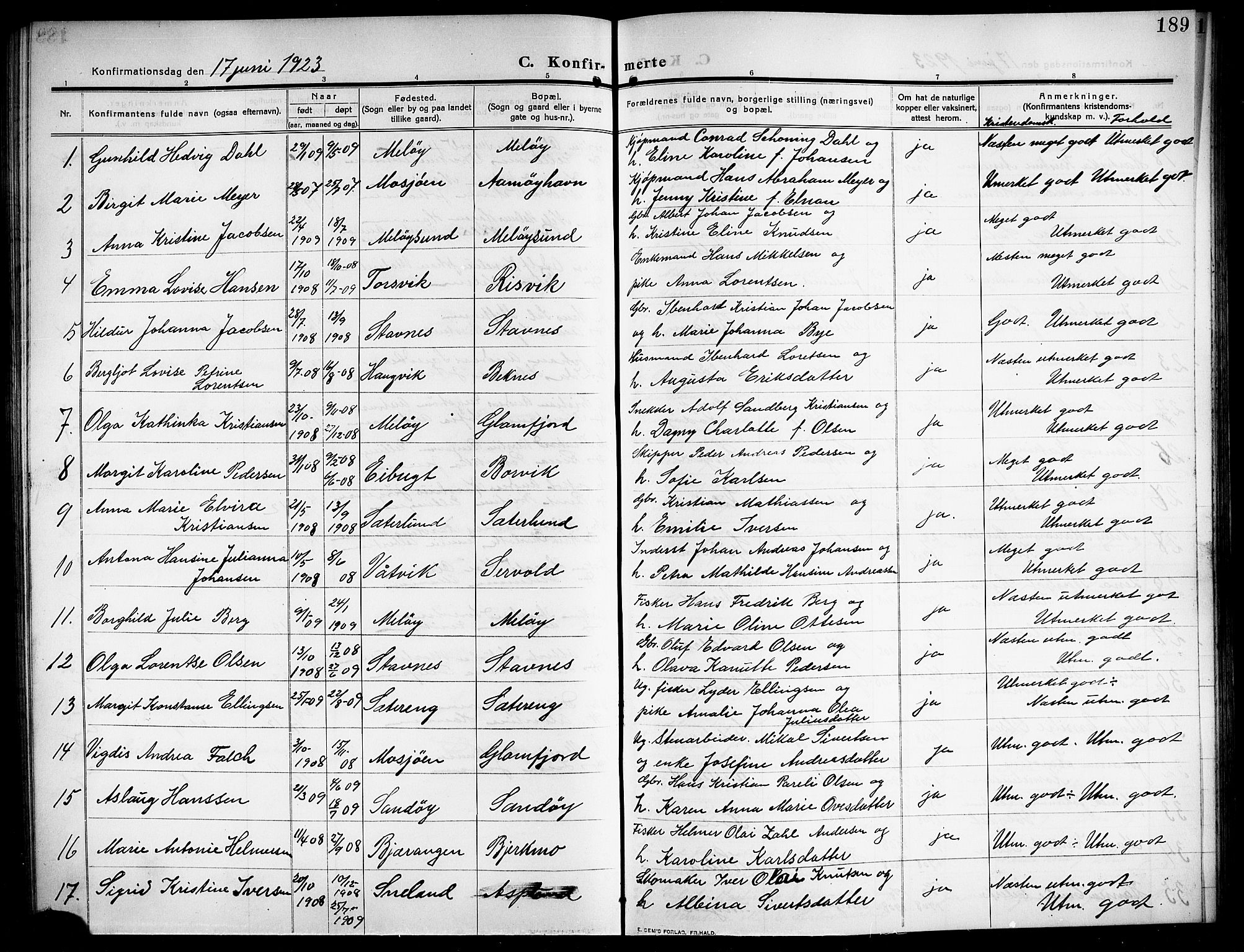 Ministerialprotokoller, klokkerbøker og fødselsregistre - Nordland, AV/SAT-A-1459/843/L0639: Parish register (copy) no. 843C08, 1908-1924, p. 189