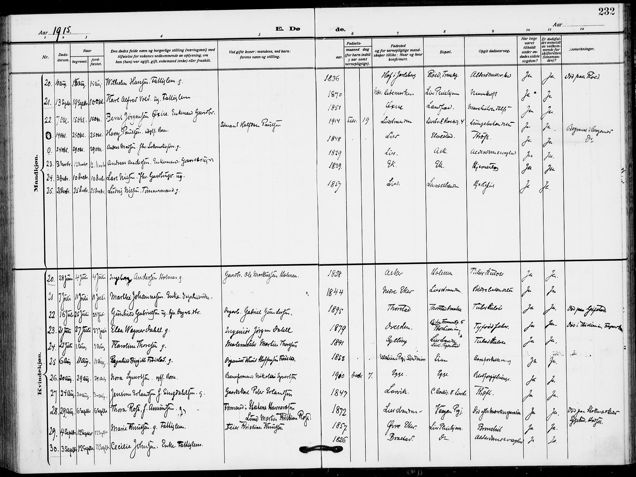 Lier kirkebøker, AV/SAKO-A-230/F/Fa/L0018: Parish register (official) no. I 18, 1909-1917, p. 232