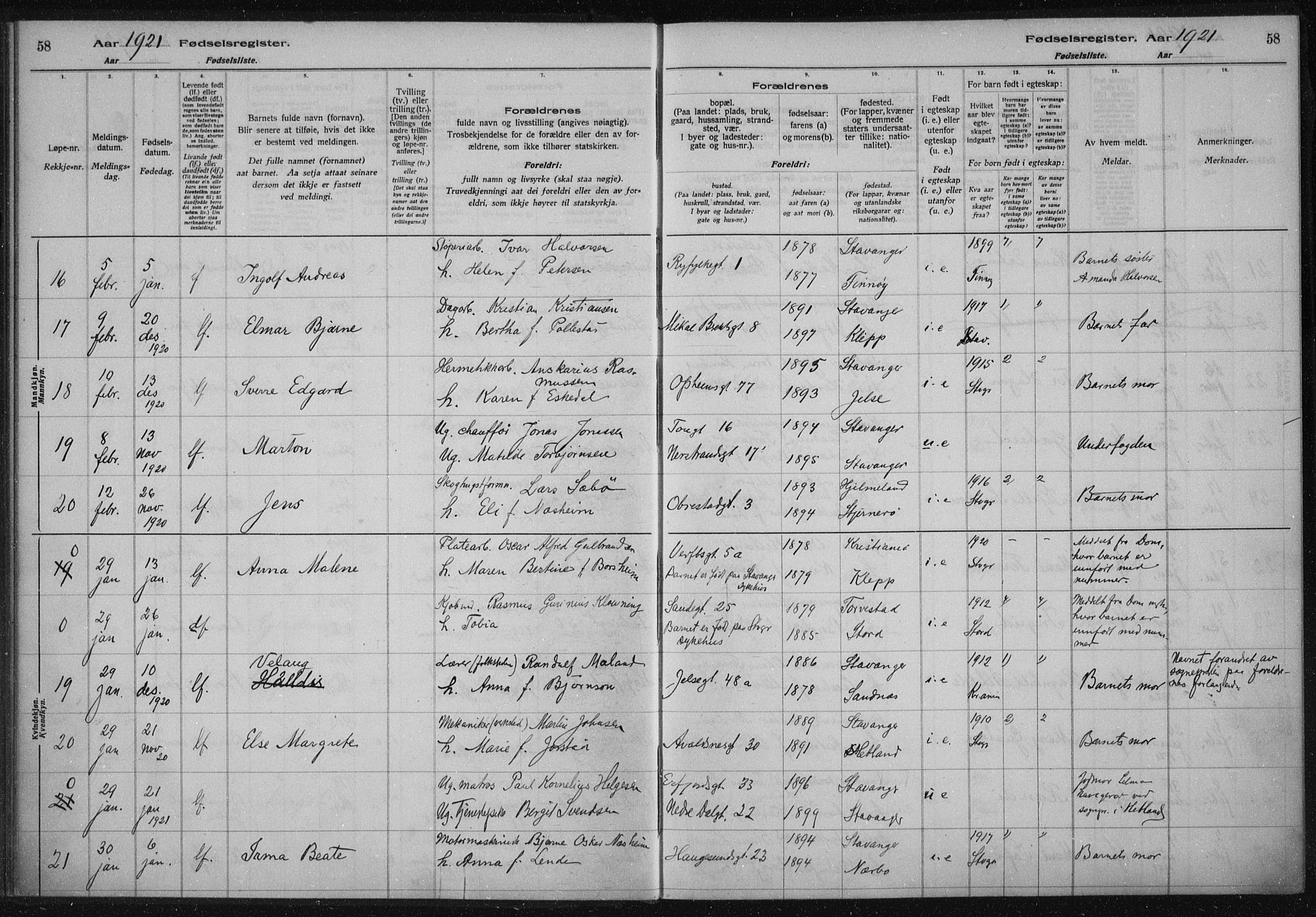 St. Johannes sokneprestkontor, AV/SAST-A-101814/002/A/L0002: Birth register no. 2, 1919-1924, p. 58