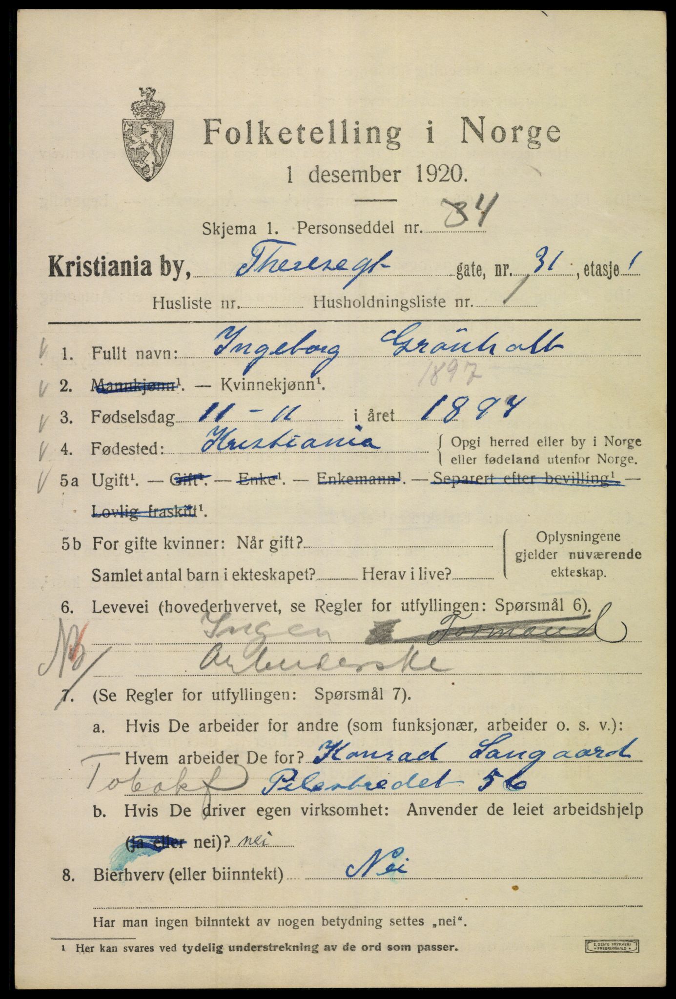 SAO, 1920 census for Kristiania, 1920, p. 569153