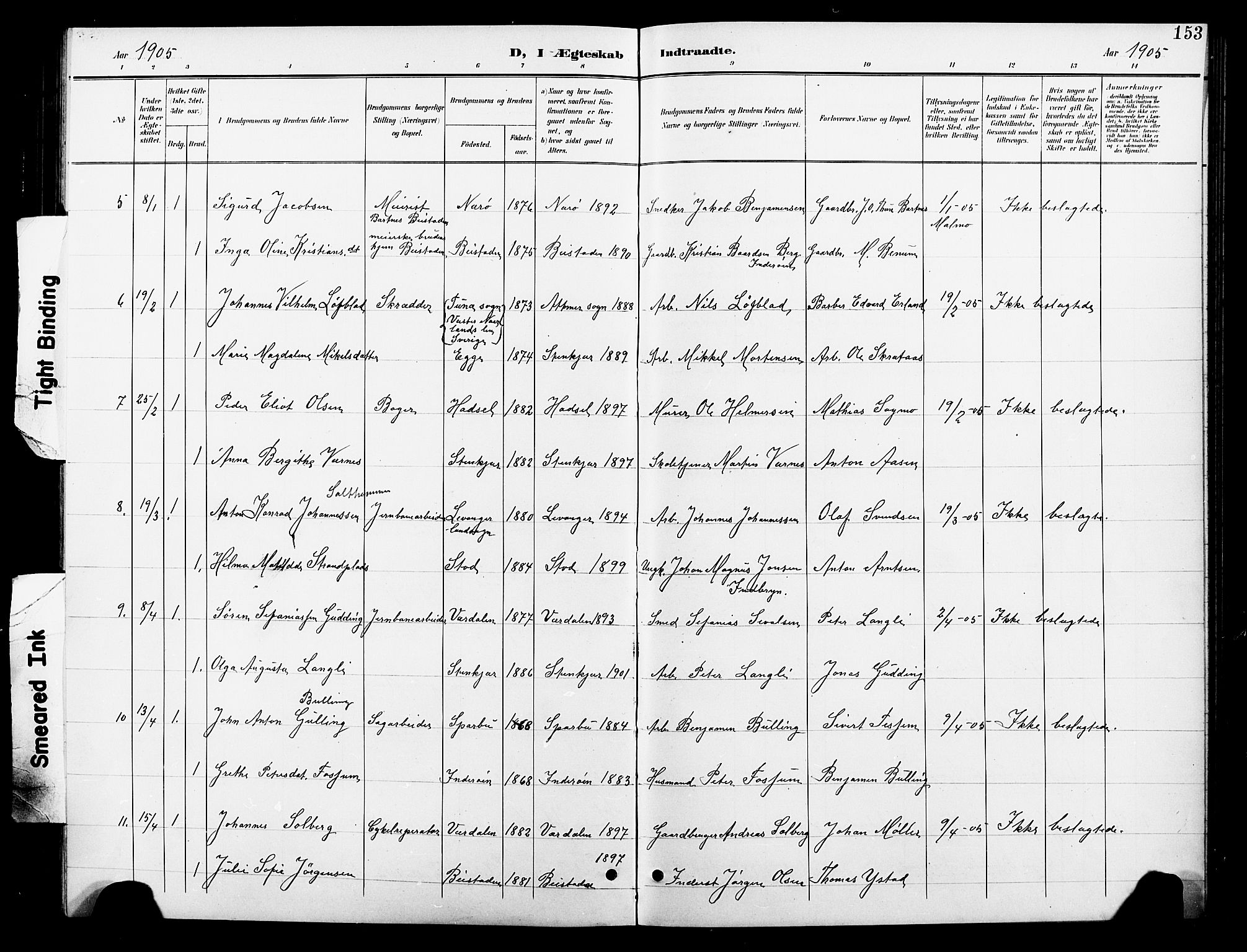 Ministerialprotokoller, klokkerbøker og fødselsregistre - Nord-Trøndelag, AV/SAT-A-1458/739/L0375: Parish register (copy) no. 739C03, 1898-1908, p. 153