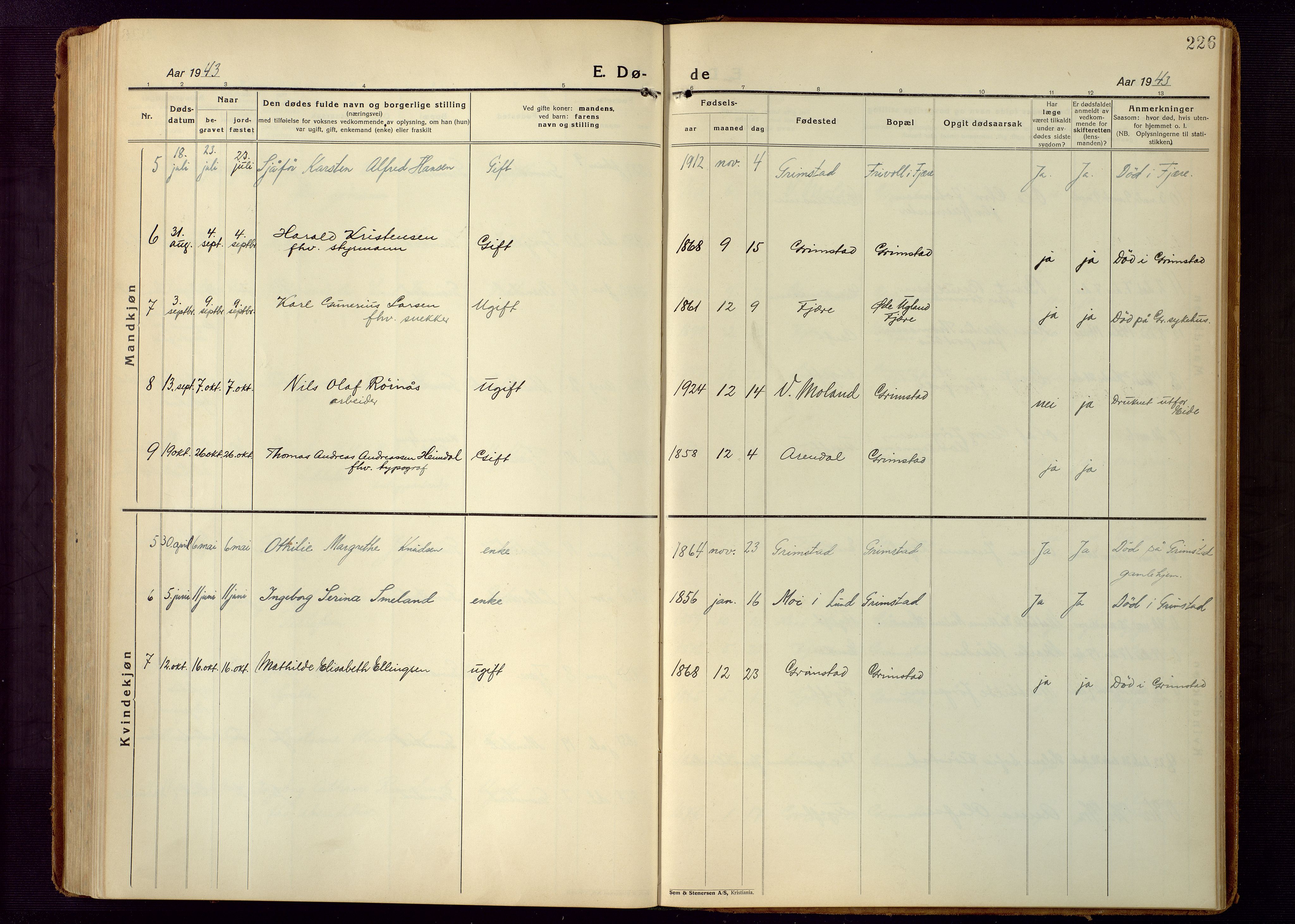 Grimstad sokneprestkontor, AV/SAK-1111-0017/F/Fb/L0002: Parish register (copy) no. B 2, 1923-1949, p. 226