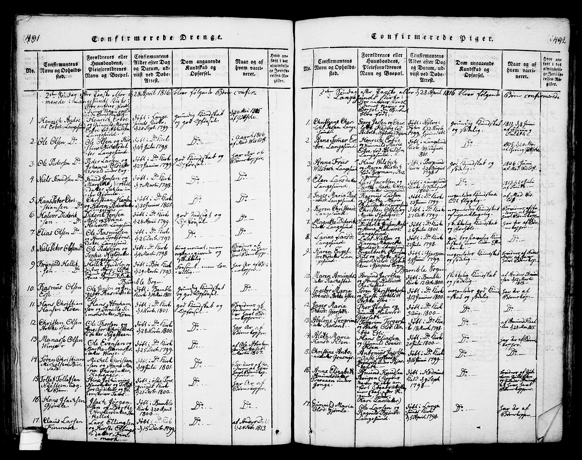 Bamble kirkebøker, SAKO/A-253/F/Fa/L0003: Parish register (official) no. I 3 /1, 1814-1834, p. 491-492