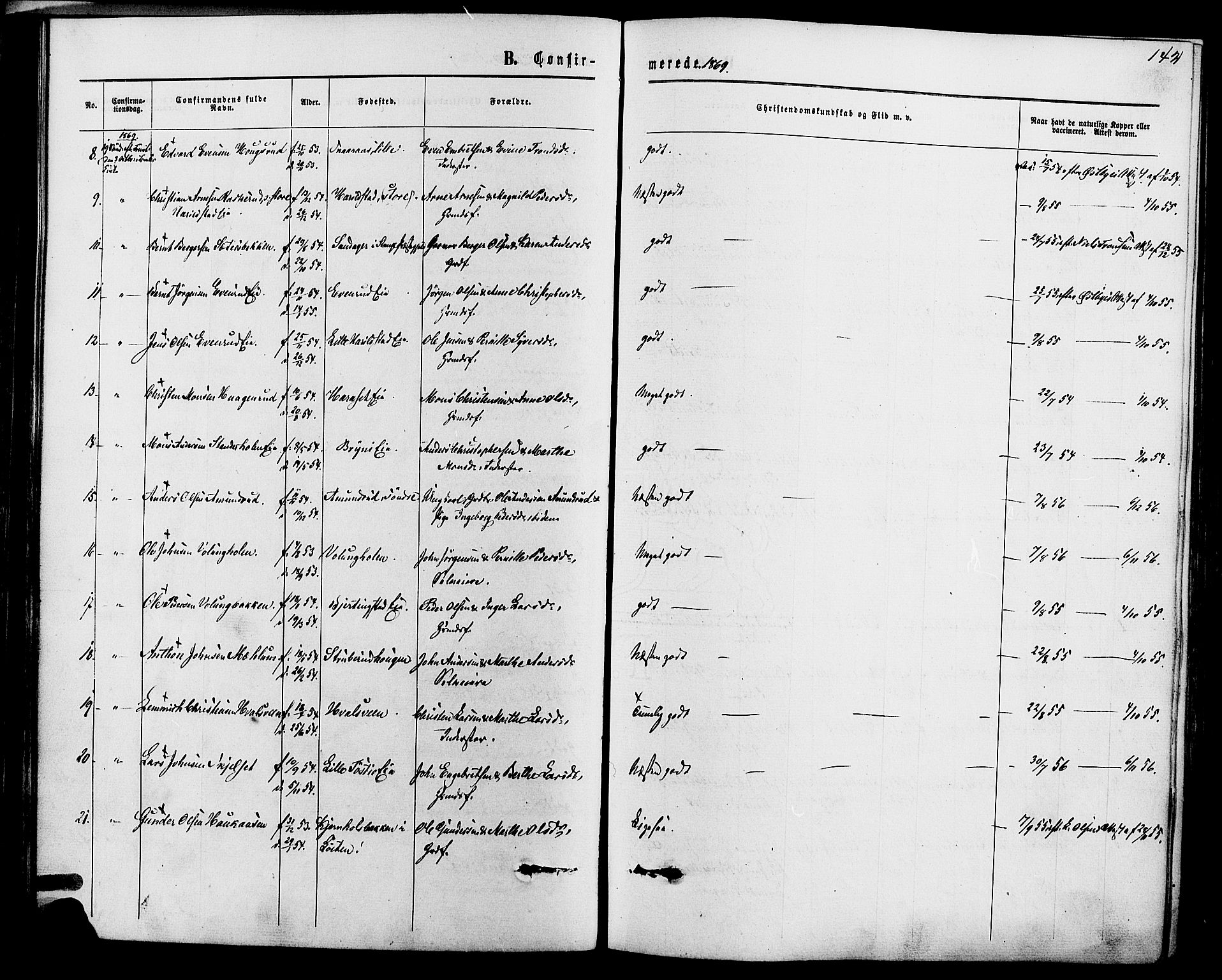 Romedal prestekontor, SAH/PREST-004/K/L0006: Parish register (official) no. 6, 1866-1886, p. 142
