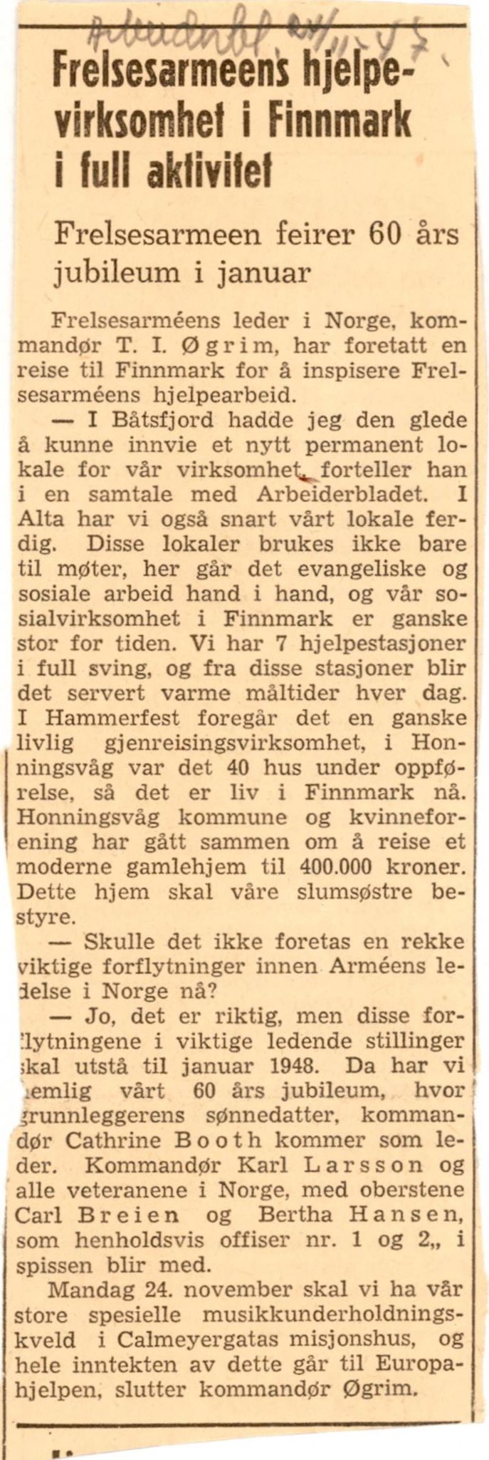 Finnmarkskontorets presse- og opplysningsarkiv , FMFB/A-1198/E/L0012/0003: 7. Gaver, hjelp, religiøs virksomhet / Frelsesarmeen