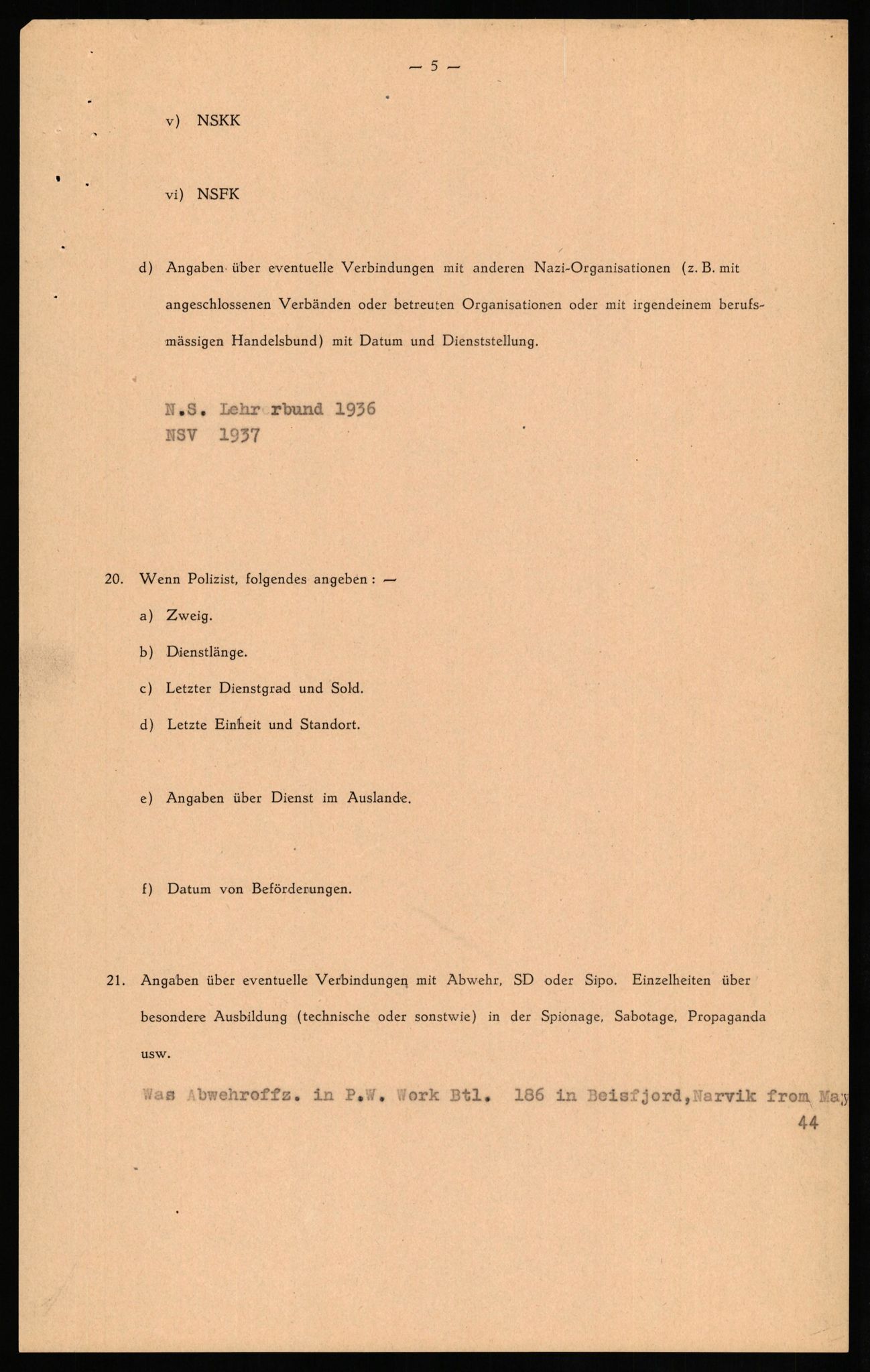 Forsvaret, Forsvarets overkommando II, AV/RA-RAFA-3915/D/Db/L0028: CI Questionaires. Tyske okkupasjonsstyrker i Norge. Tyskere., 1945-1946, p. 226