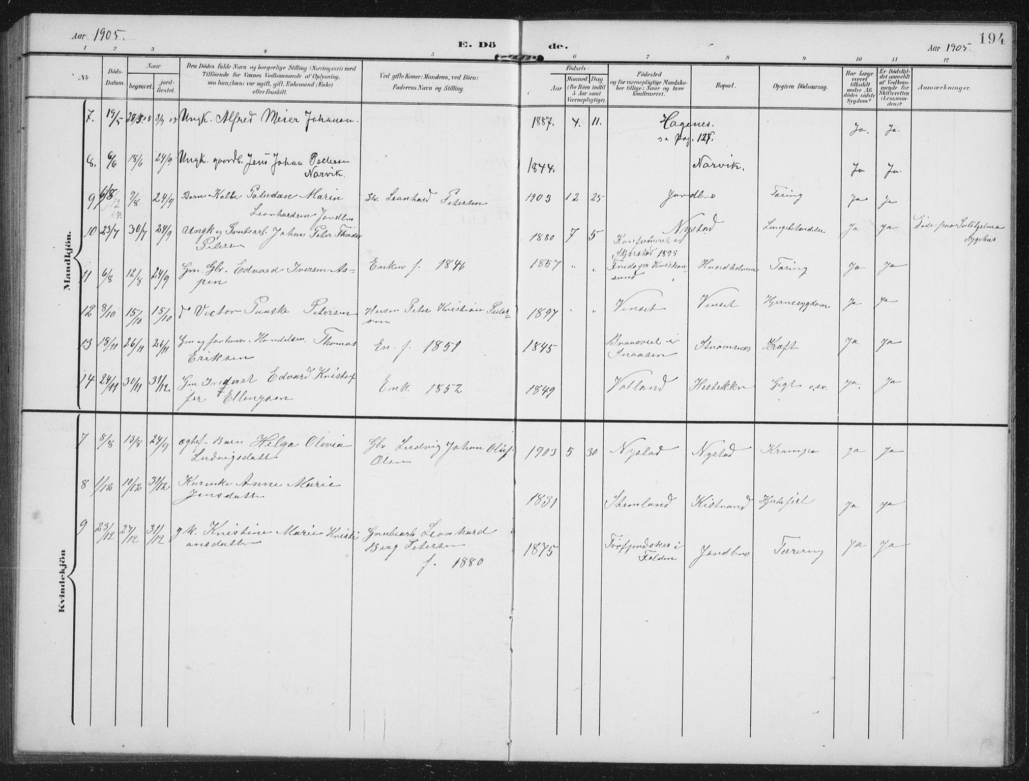 Ministerialprotokoller, klokkerbøker og fødselsregistre - Nordland, AV/SAT-A-1459/851/L0726: Parish register (copy) no. 851C01, 1902-1924, p. 194