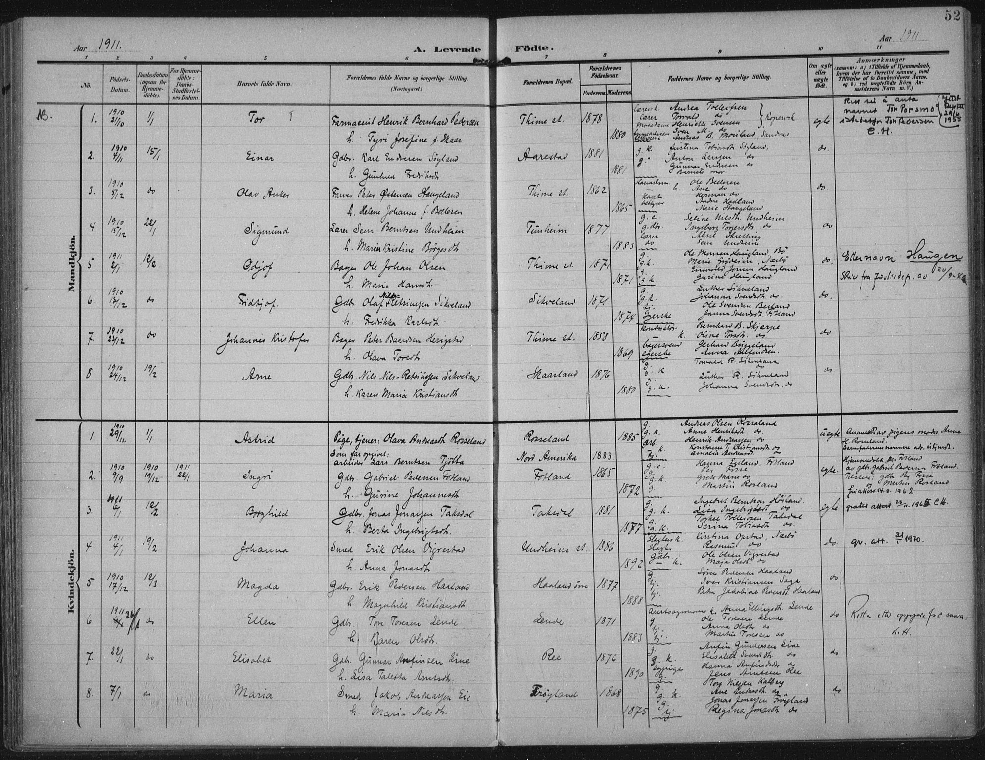 Lye sokneprestkontor, AV/SAST-A-101794/002/A/L0001: Parish register (official) no. A 12, 1904-1920, p. 52