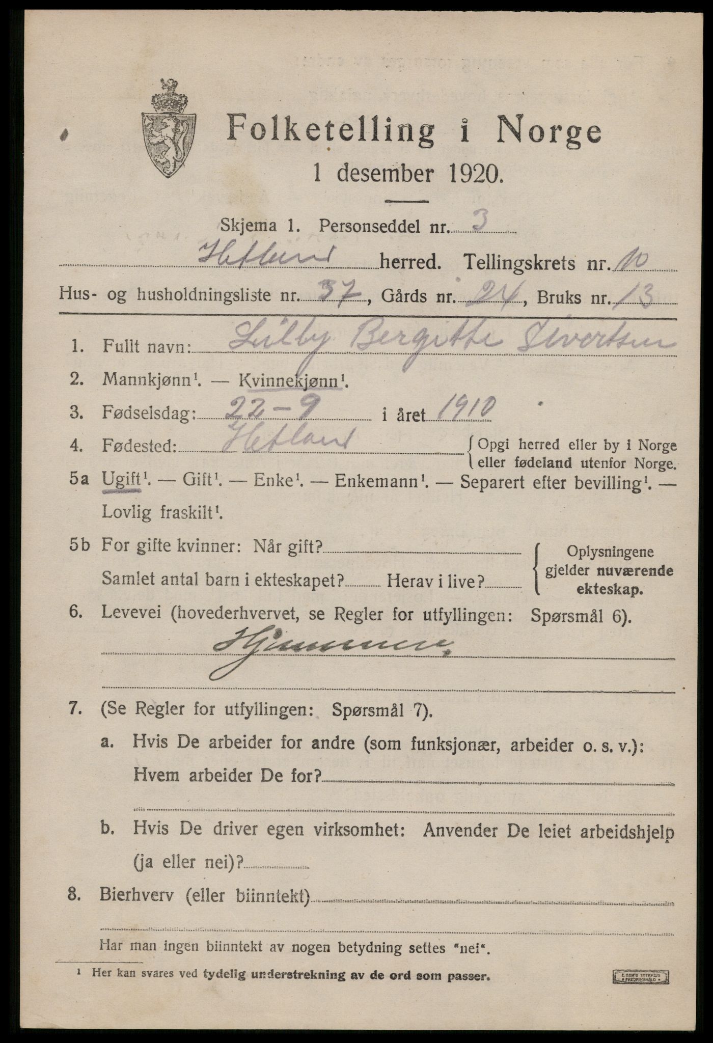 SAST, 1920 census for Hetland, 1920, p. 19387