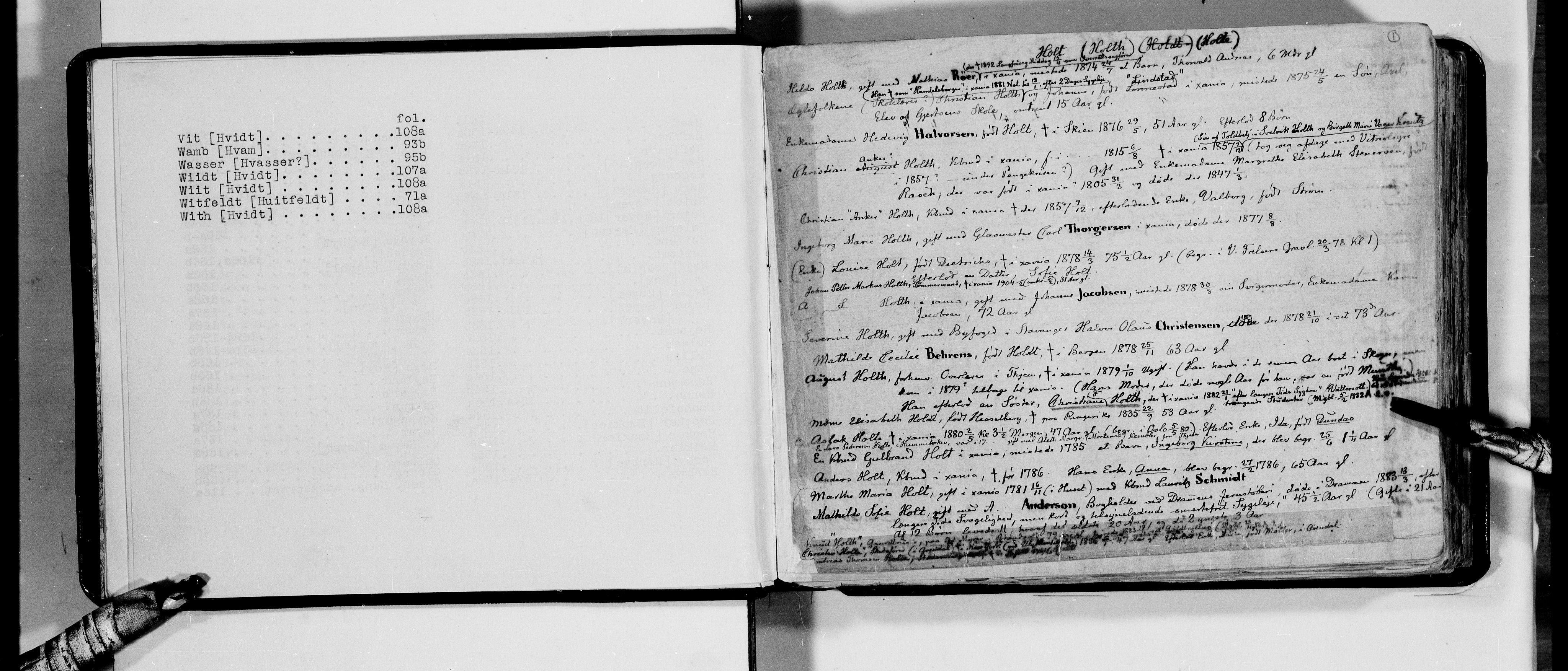 Lassens samlinger, AV/RA-PA-0051/F/Fa/L0021: Personalhistoriske og genealogiske opptegnelser: Holt - Høysager, 1500-1907