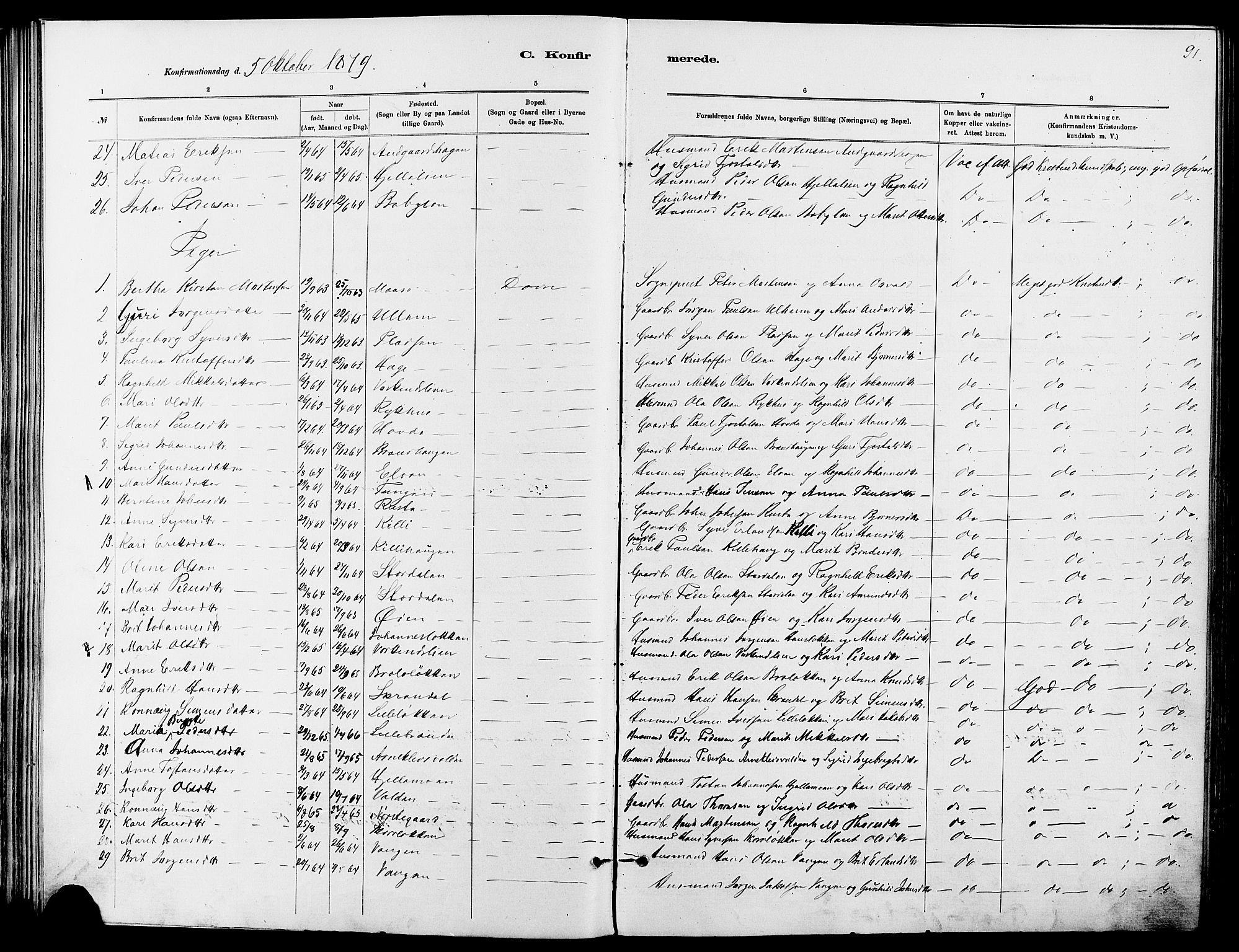 Dovre prestekontor, SAH/PREST-066/H/Ha/Haa/L0002: Parish register (official) no. 2, 1879-1890, p. 91