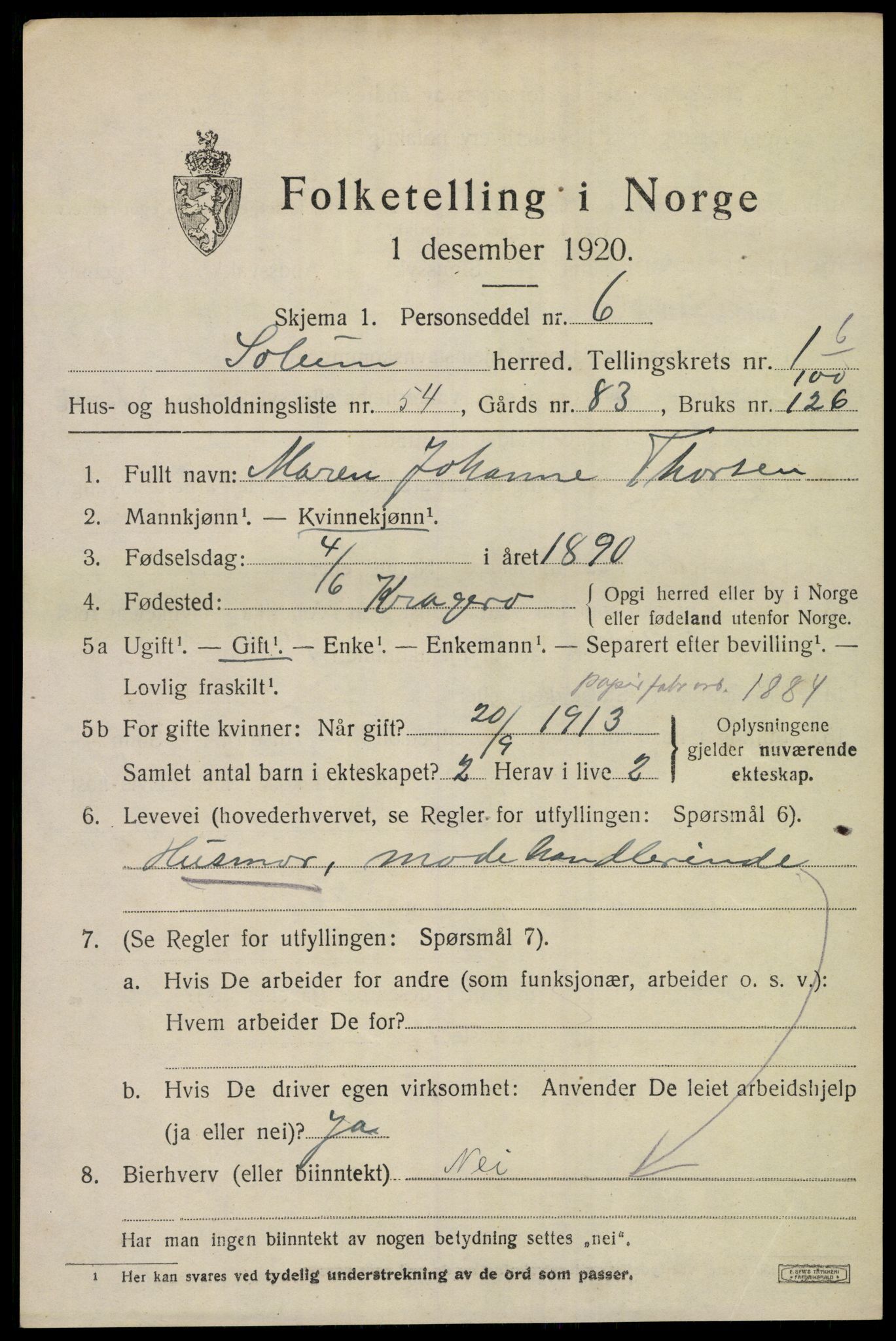 SAKO, 1920 census for Solum, 1920, p. 5358