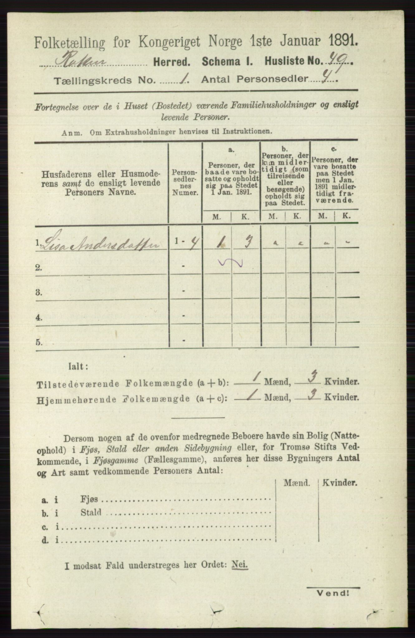 RA, 1891 census for 0627 Røyken, 1891, p. 72