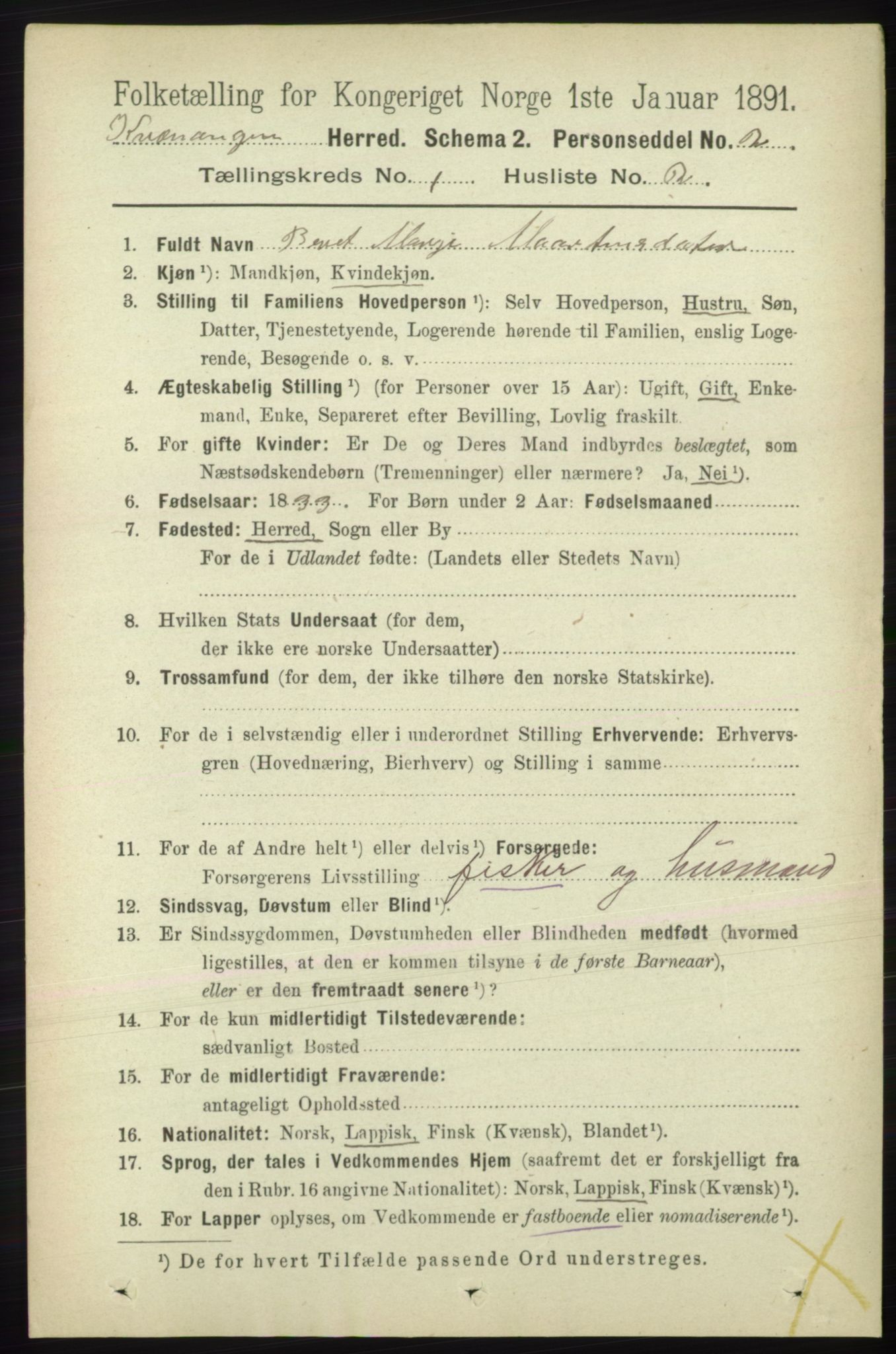 RA, 1891 census for 1943 Kvænangen, 1891, p. 66