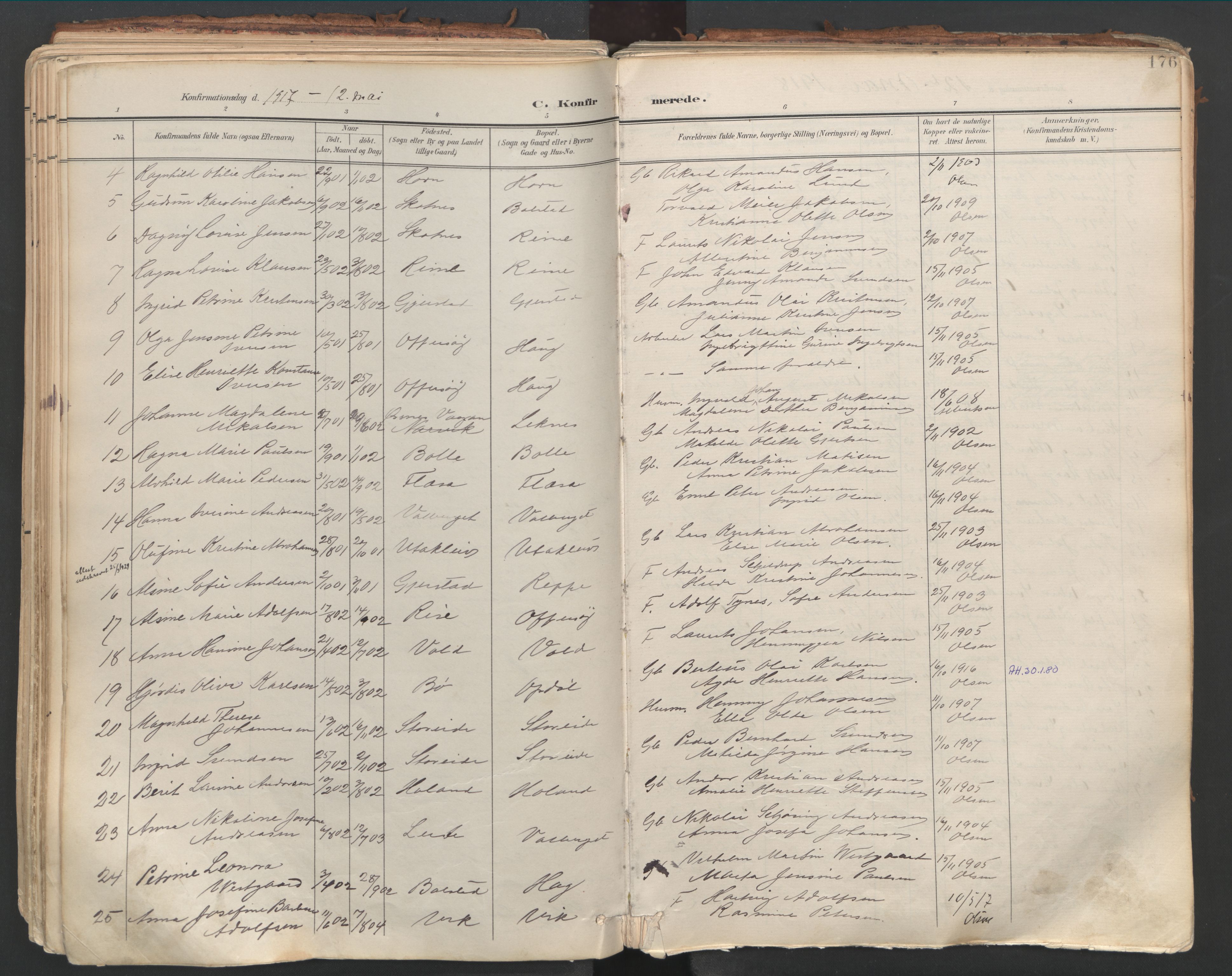Ministerialprotokoller, klokkerbøker og fødselsregistre - Nordland, AV/SAT-A-1459/881/L1154: Parish register (official) no. 881A07, 1907-1918, p. 176