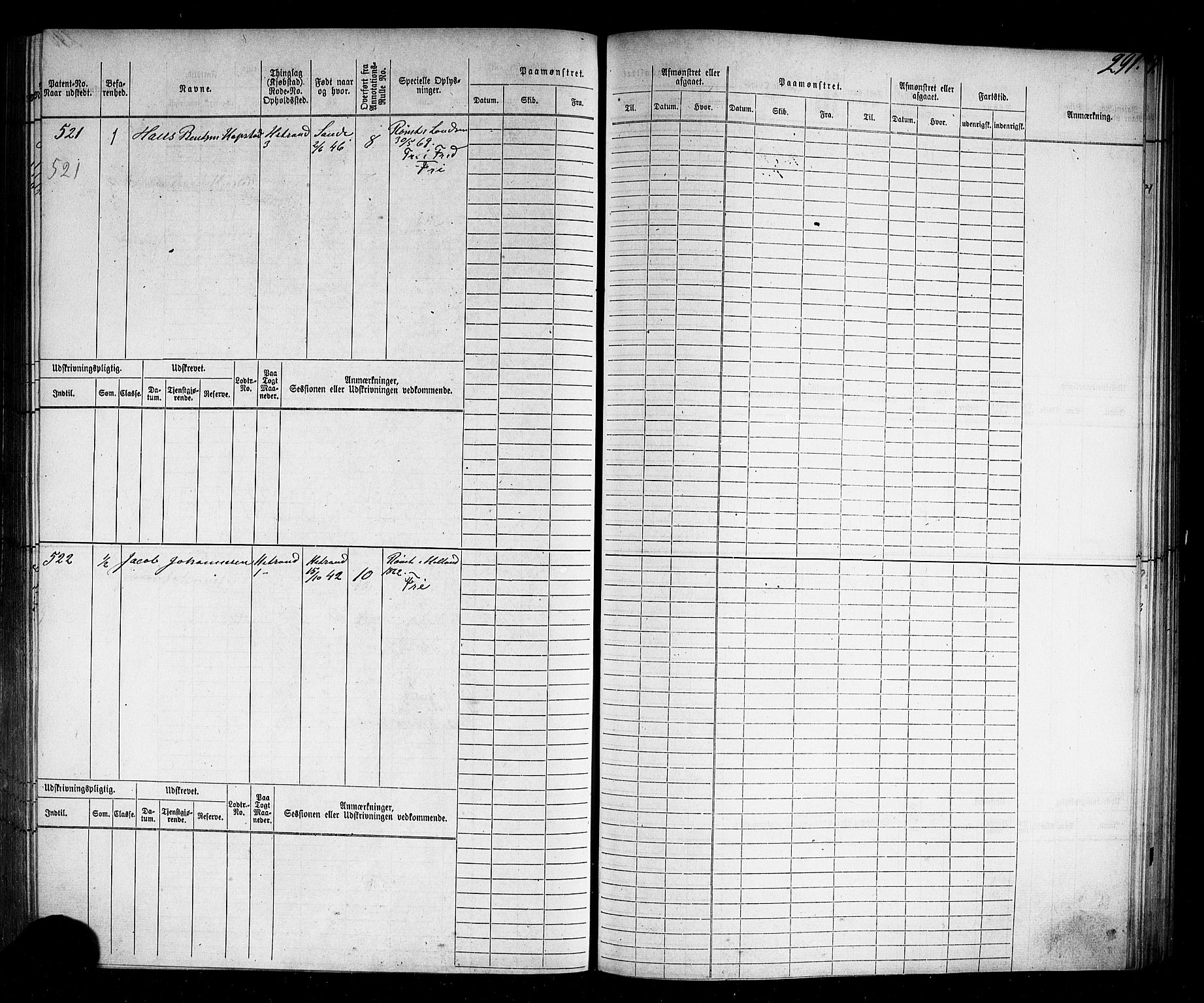 Holmestrand innrulleringskontor, SAKO/A-1151/F/Fc/L0002: Hovedrulle, 1868-1872, p. 265