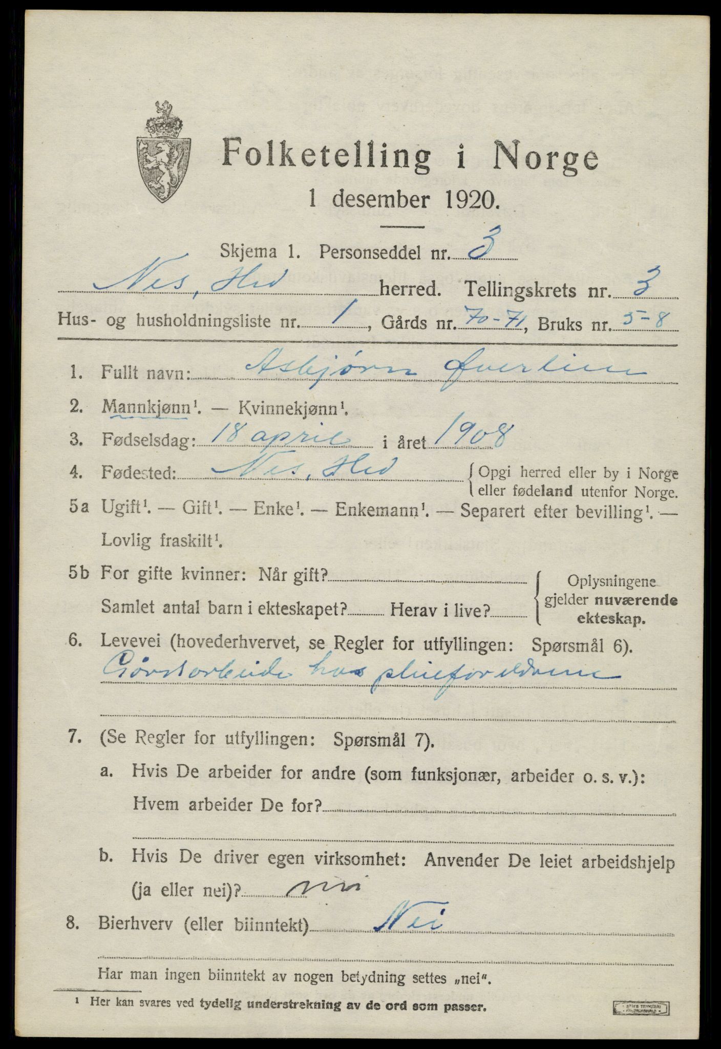 SAH, 1920 census for Nes (Hedmark), 1920, p. 4552