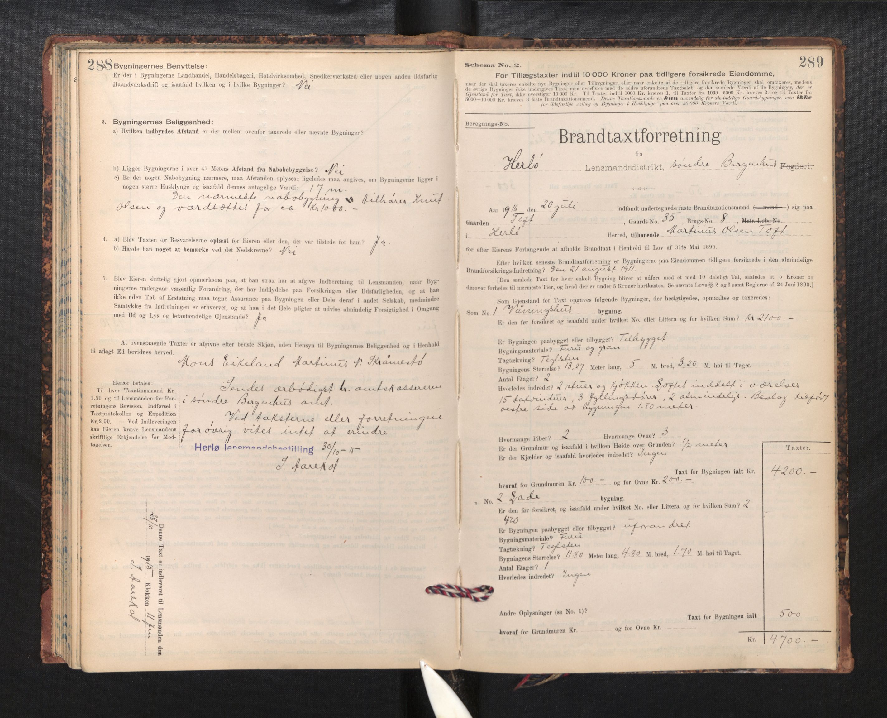 Lensmannen i Herdla, SAB/A-32901/0012/L0003:  Branntakstprotokoll skjematakst, 1897-1916, p. 288-289