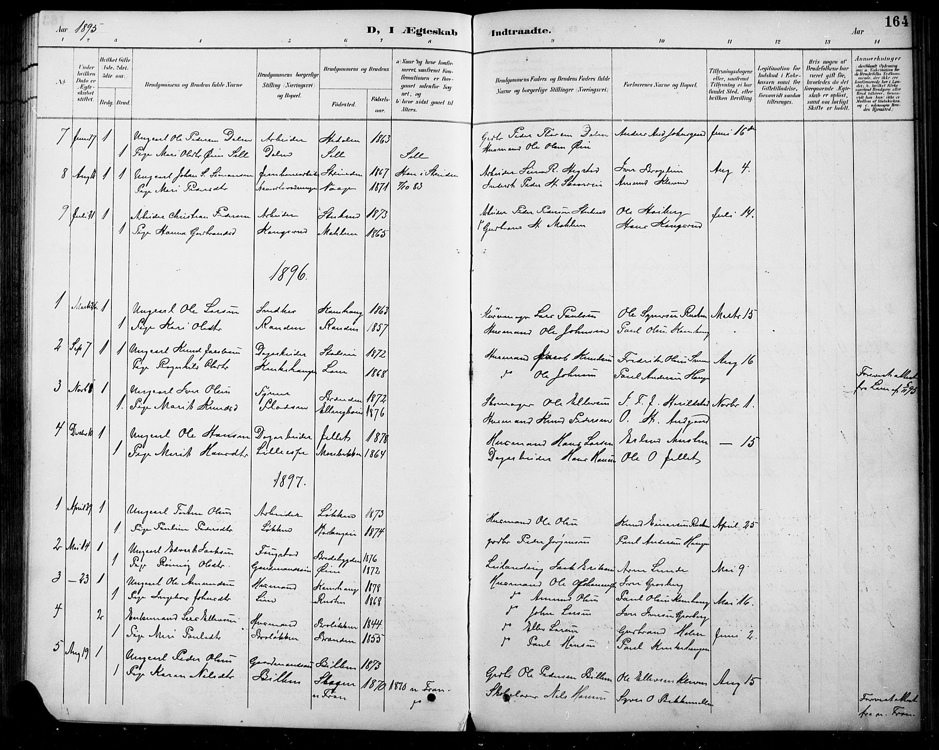 Sel prestekontor, SAH/PREST-074/H/Ha/Hab/L0005: Parish register (copy) no. 5, 1894-1923, p. 164