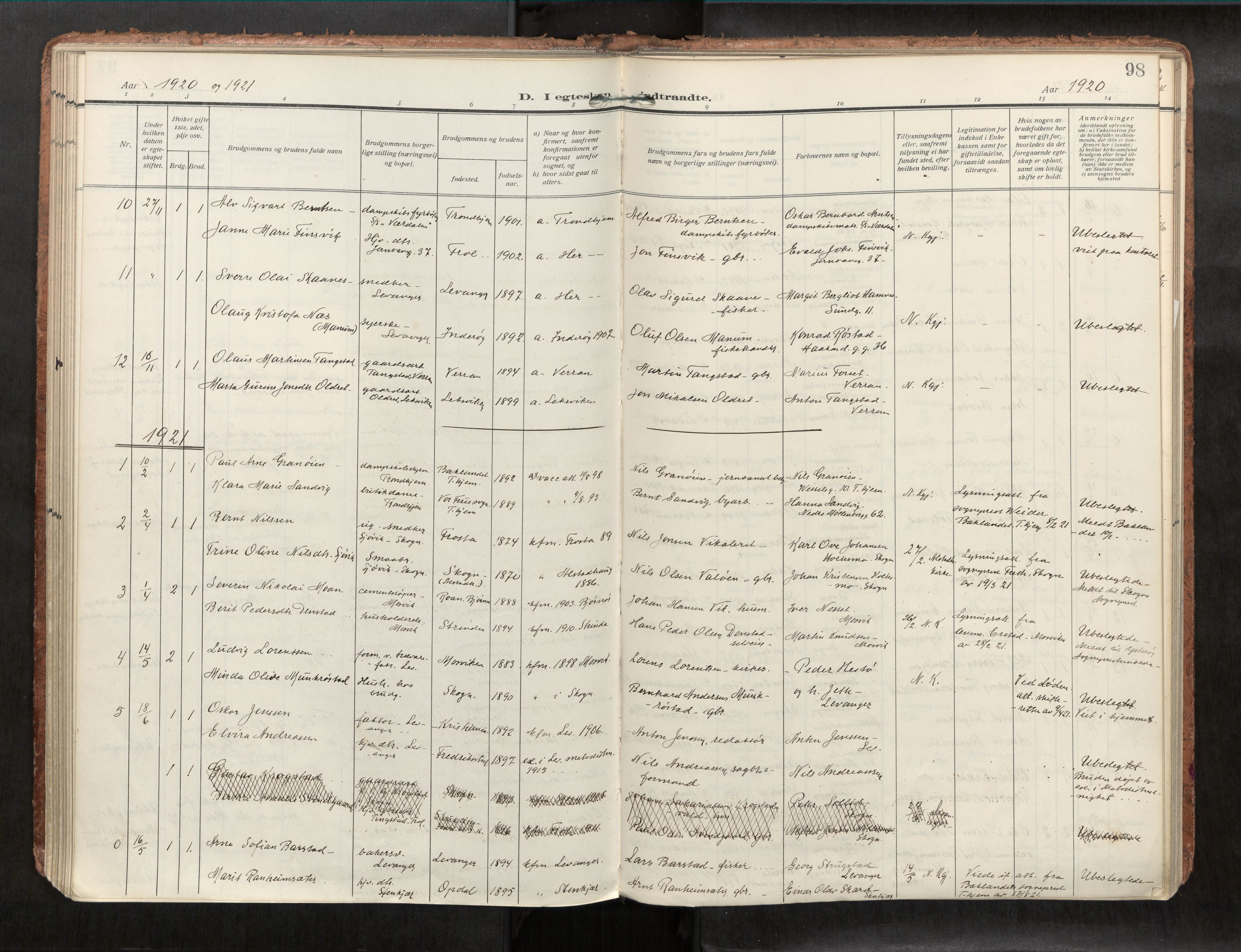Levanger sokneprestkontor, SAT/A-1301/2/H/Haa/L0001: Parish register (official) no. 1, 1912-1932, p. 98