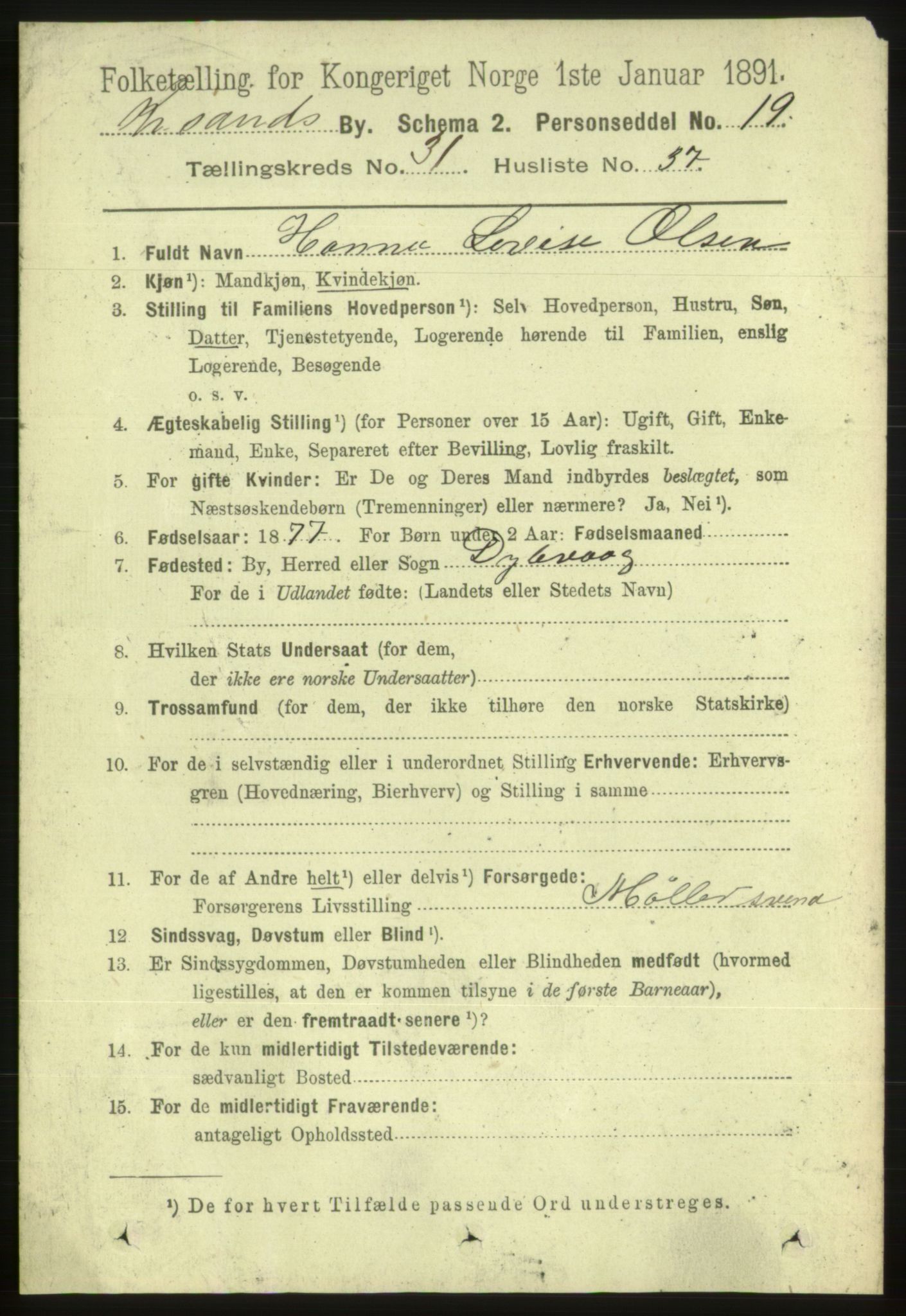 RA, 1891 census for 1001 Kristiansand, 1891, p. 10087