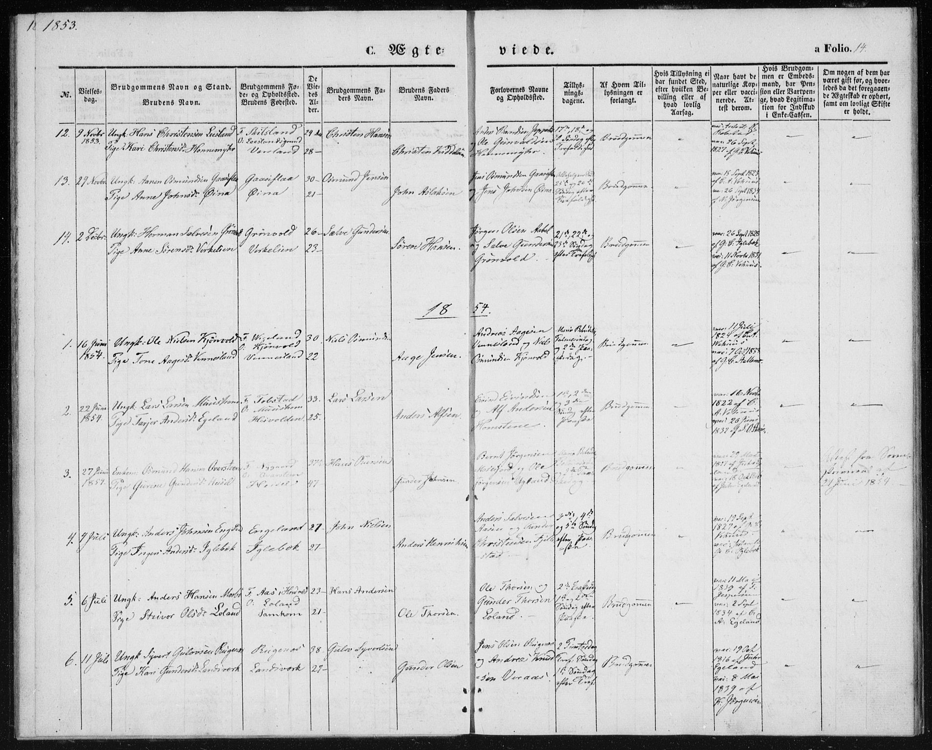 Vennesla sokneprestkontor, SAK/1111-0045/Fa/Fac/L0006: Parish register (official) no. A 6, 1846-1855, p. 14