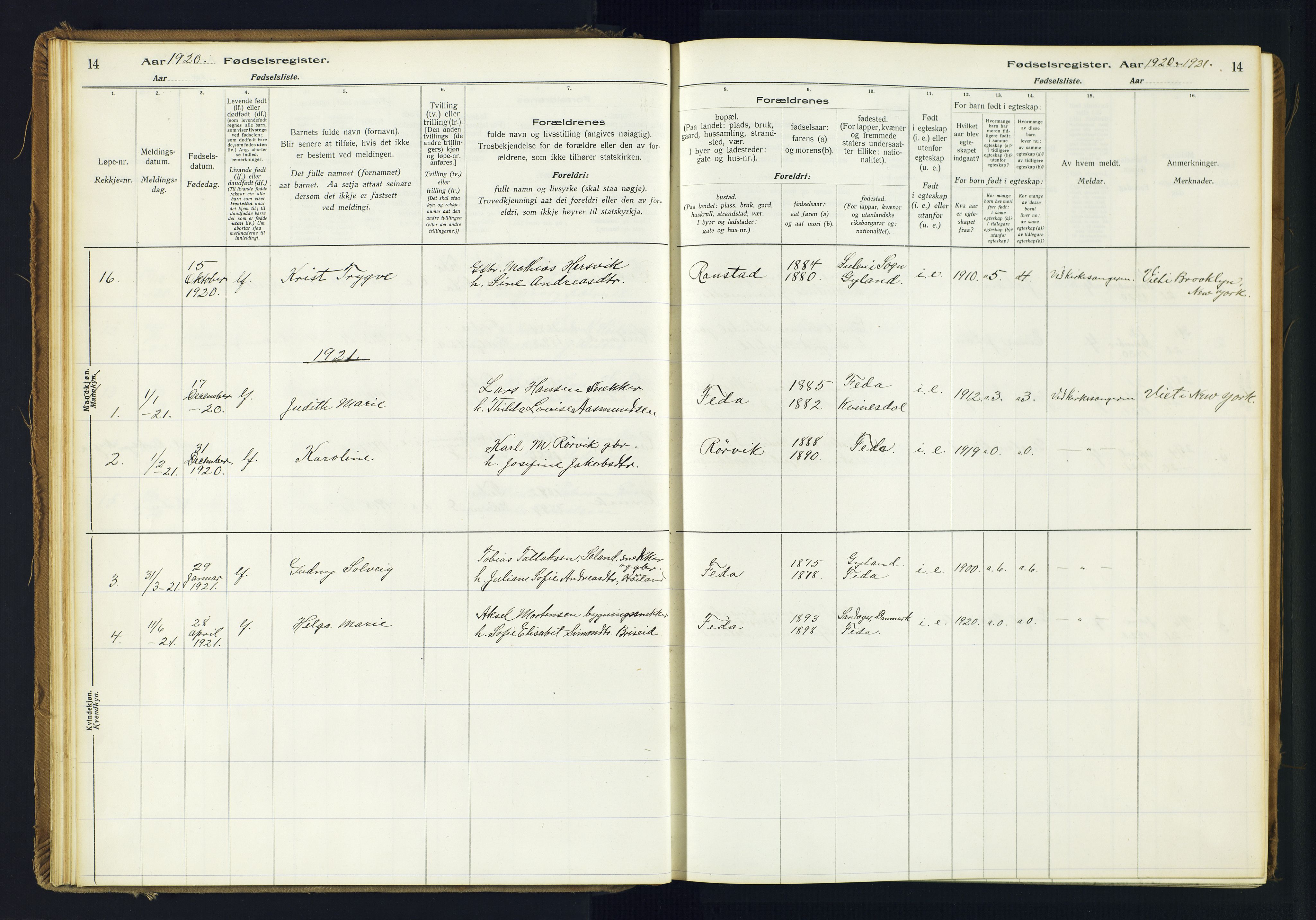 Kvinesdal sokneprestkontor, SAK/1111-0026/J/Ja/L0005: Birth register no. 5, 1916-1982, p. 14