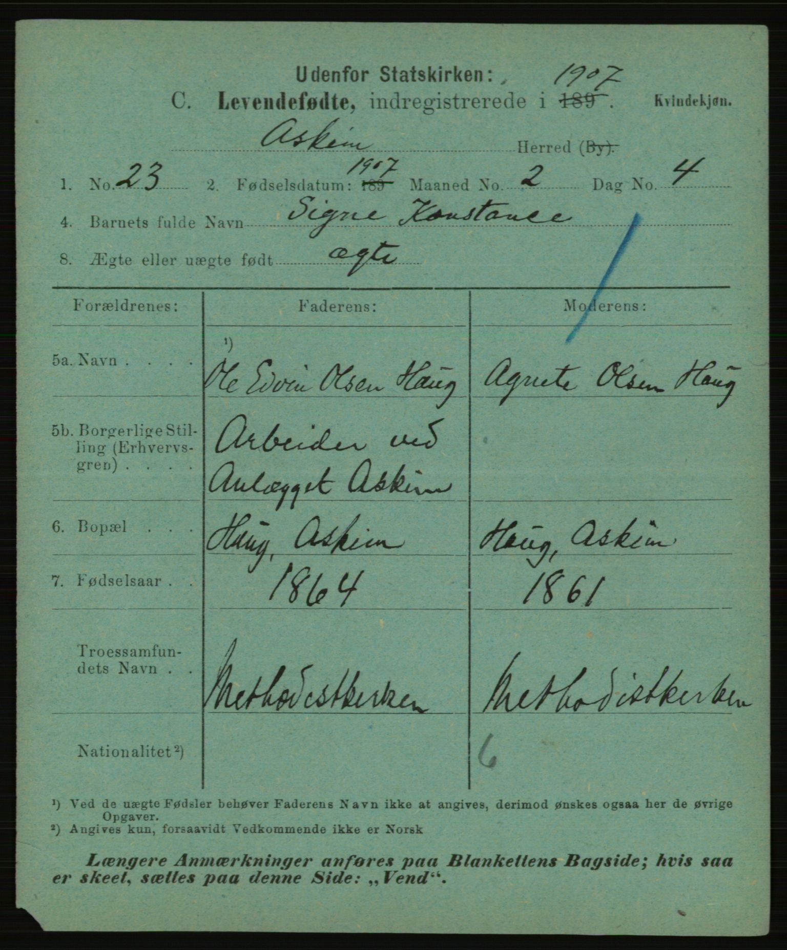 Statistisk sentralbyrå, Sosiodemografiske emner, Befolkning, AV/RA-S-2228/E/L0005: Fødte, gifte, døde dissentere., 1907, p. 5