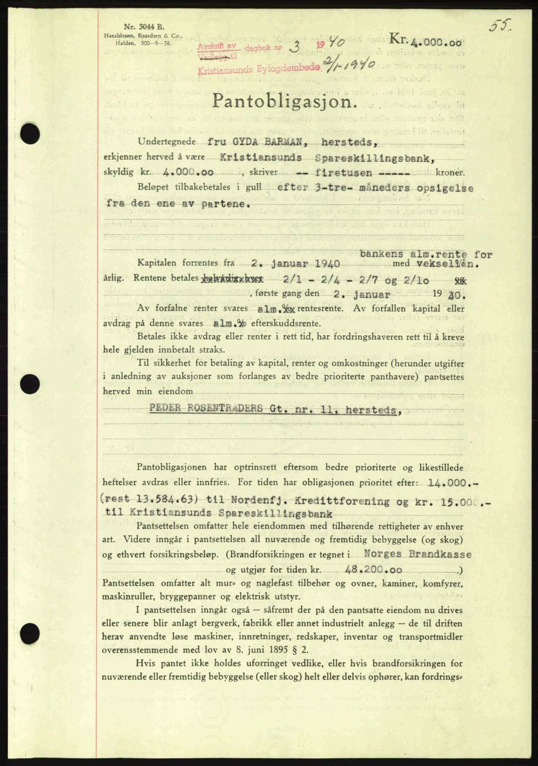 Kristiansund byfogd, AV/SAT-A-4587/A/27: Mortgage book no. 33, 1939-1941, Diary no: : 3/1940