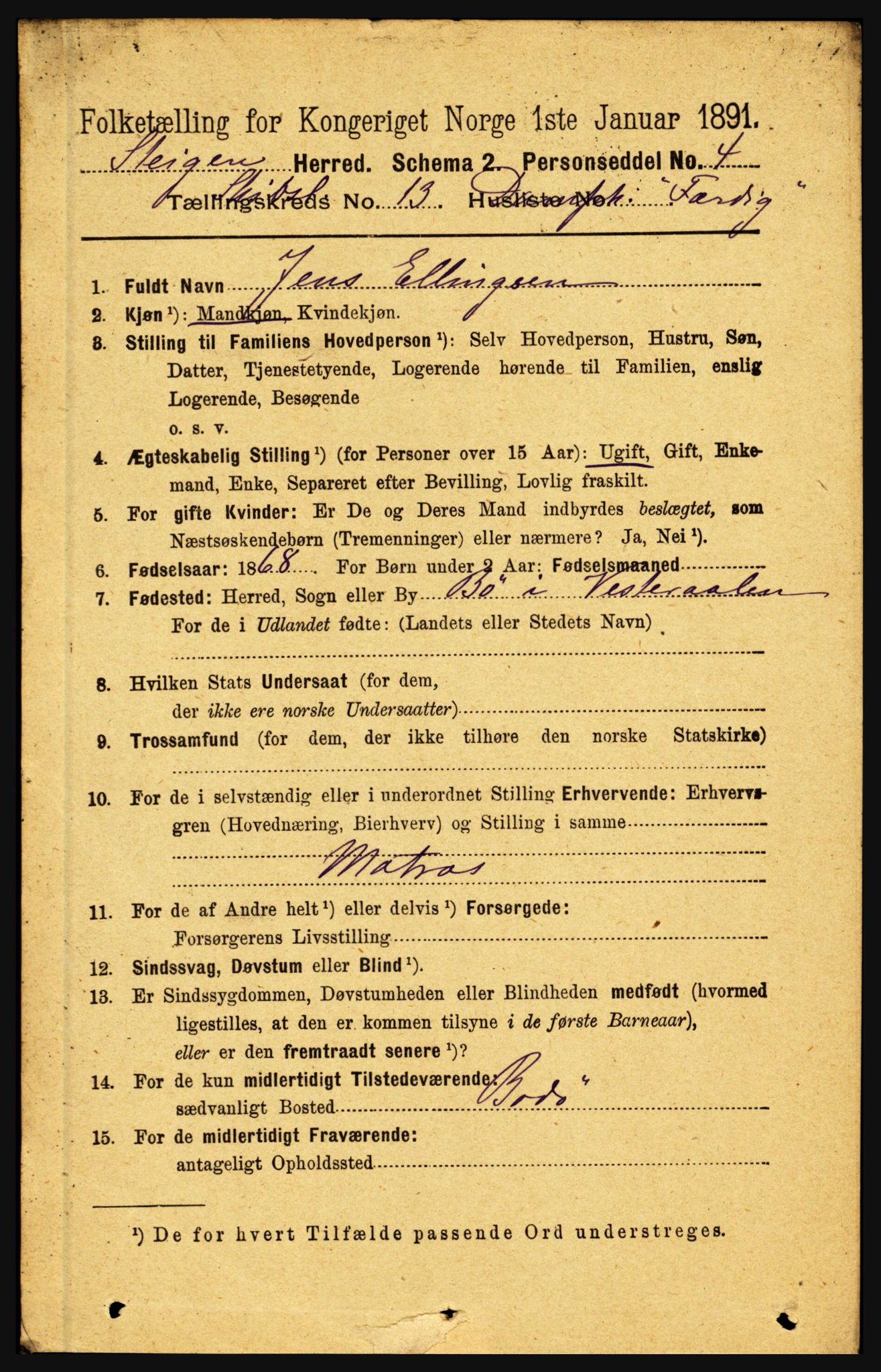 RA, 1891 census for 1848 Steigen, 1891, p. 4074