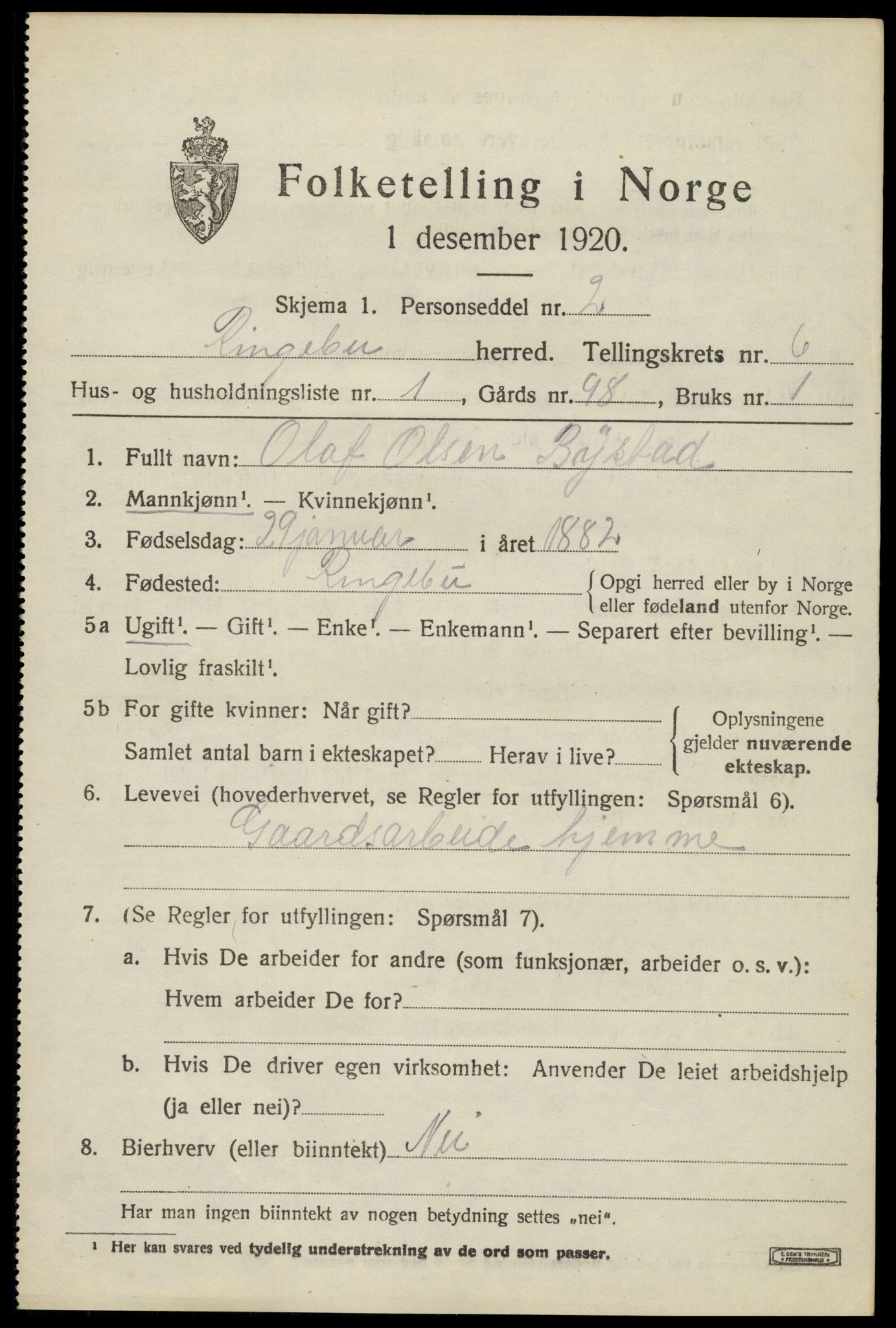 SAH, 1920 census for Ringebu, 1920, p. 7063