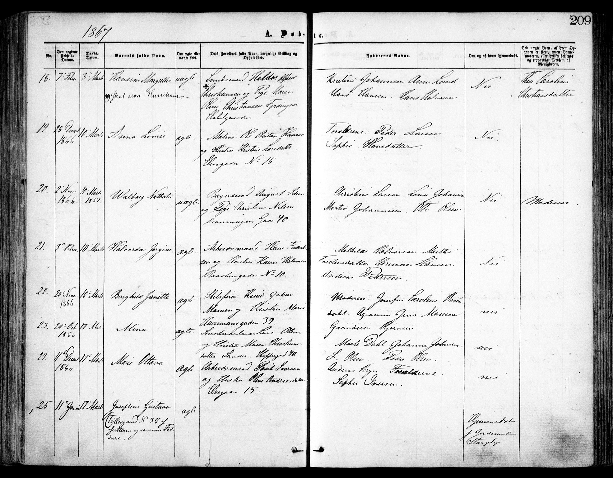 Oslo domkirke Kirkebøker, SAO/A-10752/F/Fa/L0016: Parish register (official) no. 16, 1863-1871, p. 209