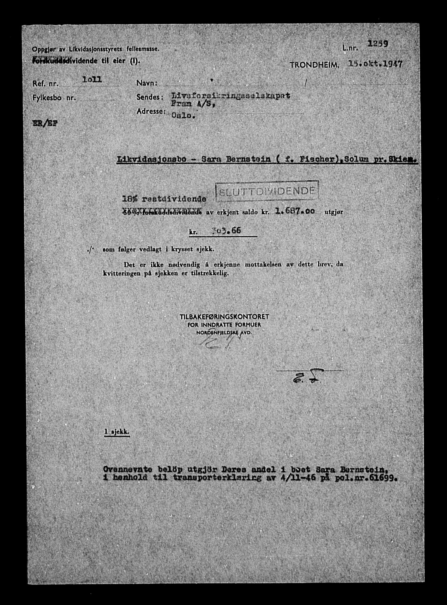 Justisdepartementet, Tilbakeføringskontoret for inndratte formuer, AV/RA-S-1564/H/Hc/Hca/L0892: --, 1945-1947, p. 419
