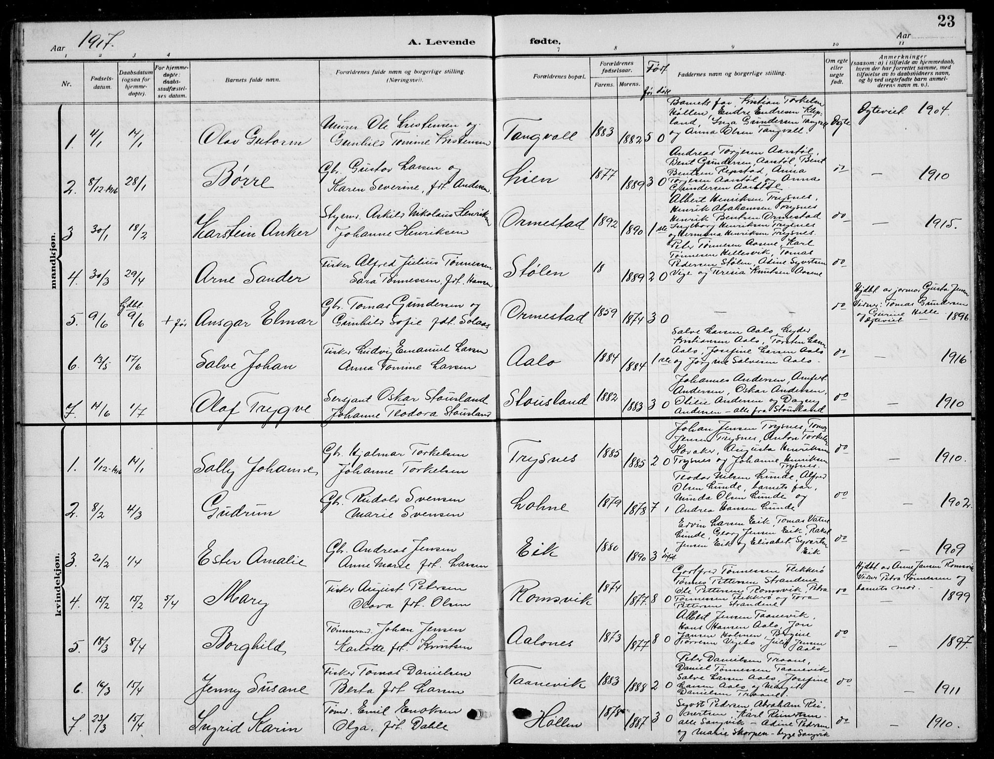 Søgne sokneprestkontor, SAK/1111-0037/F/Fb/Fbb/L0007: Parish register (copy) no. B 7, 1912-1931, p. 23