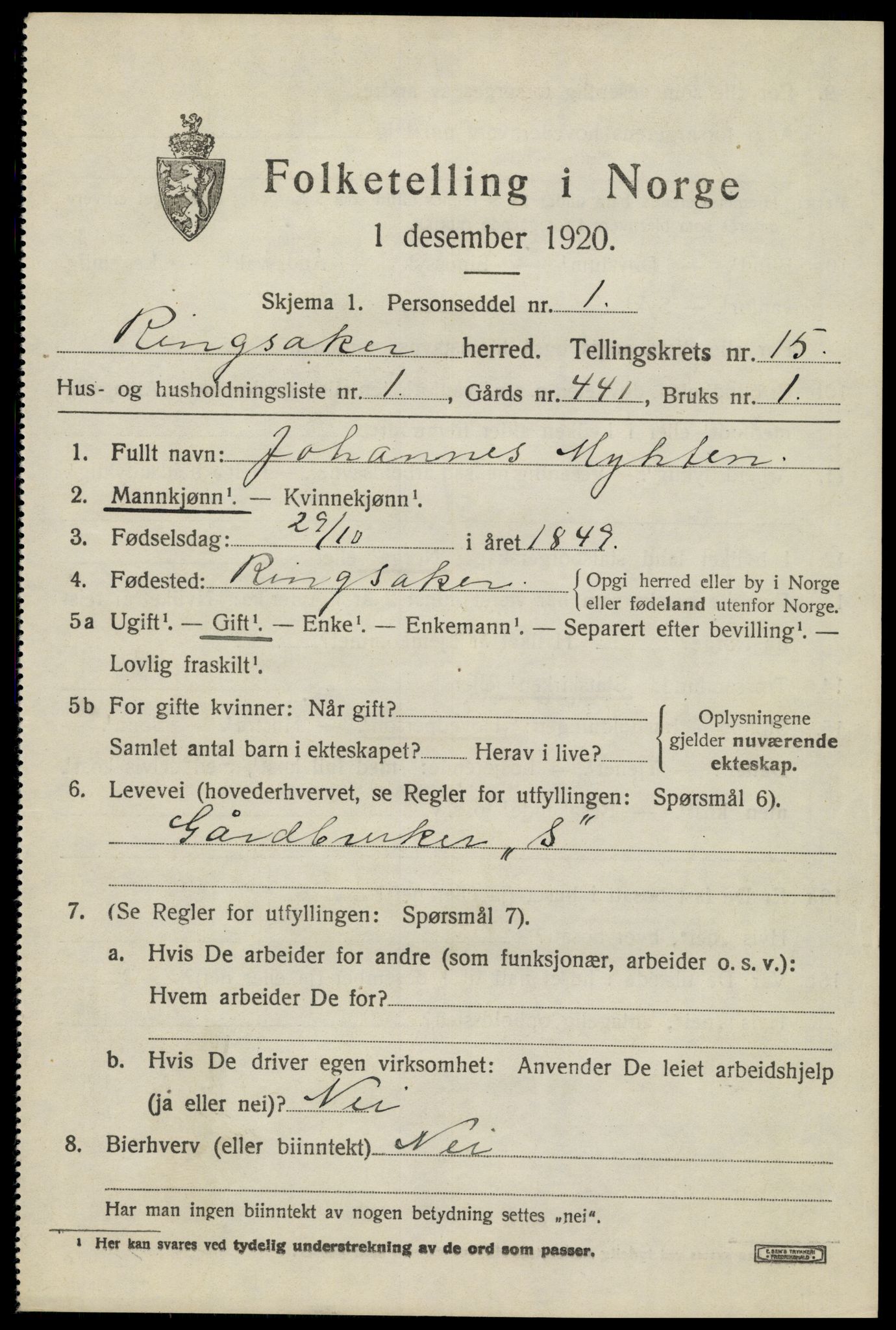 SAH, 1920 census for Ringsaker, 1920, p. 21854