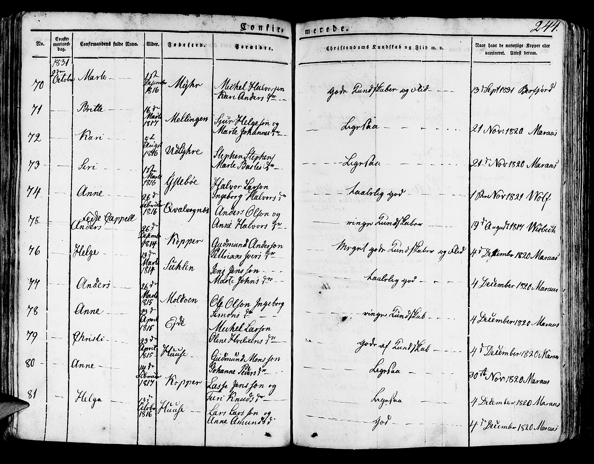 Lindås Sokneprestembete, AV/SAB-A-76701/H/Haa/Haaa/L0008: Parish register (official) no. A 8, 1823-1836, p. 244