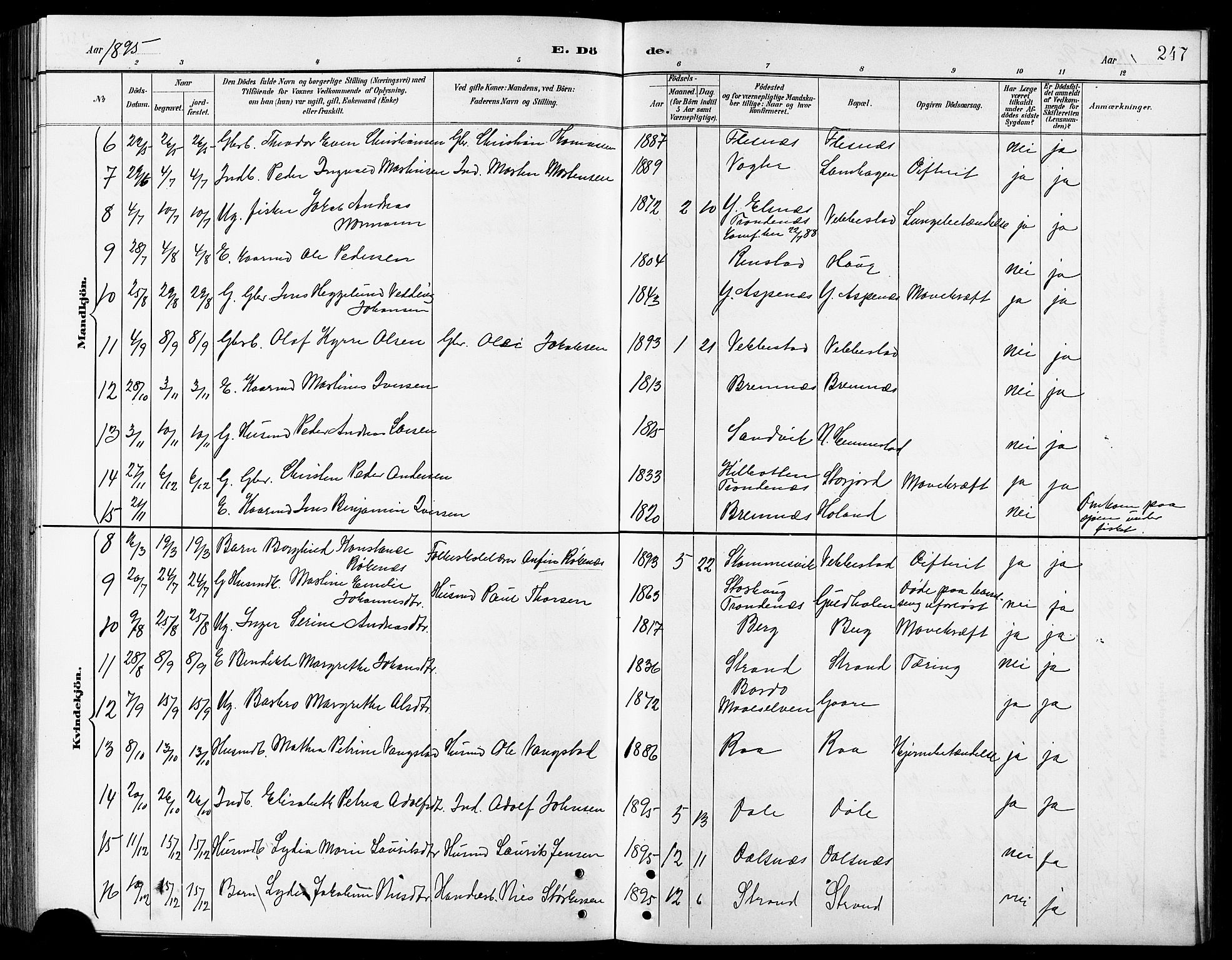 Kvæfjord sokneprestkontor, AV/SATØ-S-1323/G/Ga/Gab/L0005klokker: Parish register (copy) no. 5, 1886-1911, p. 247