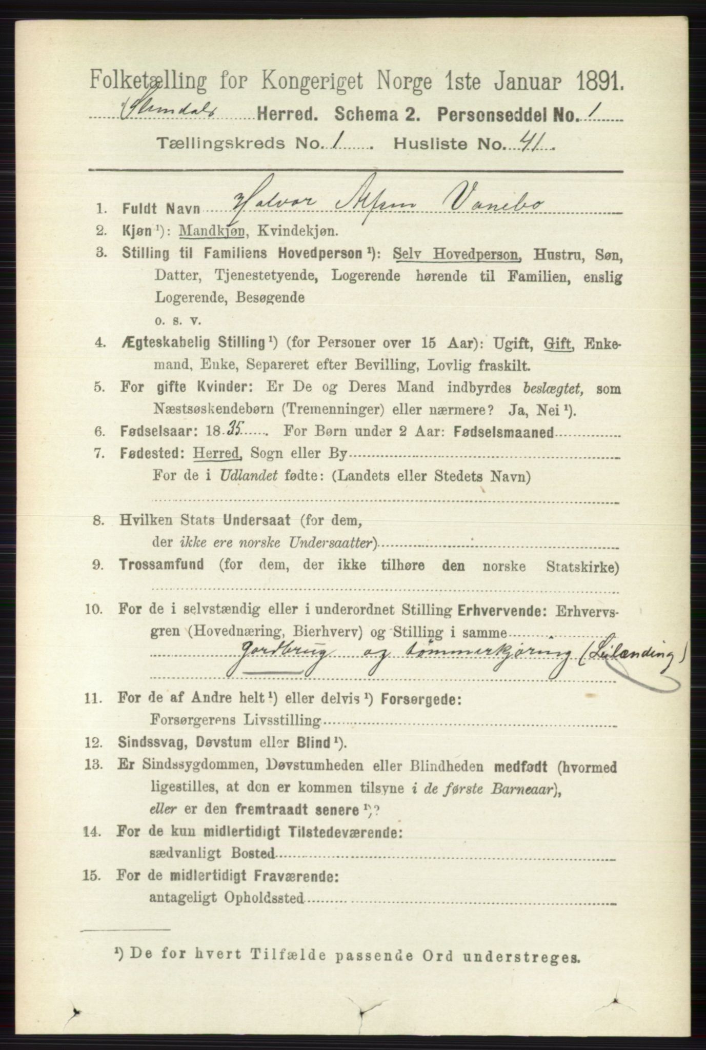 RA, 1891 census for 0811 Slemdal, 1891, p. 302