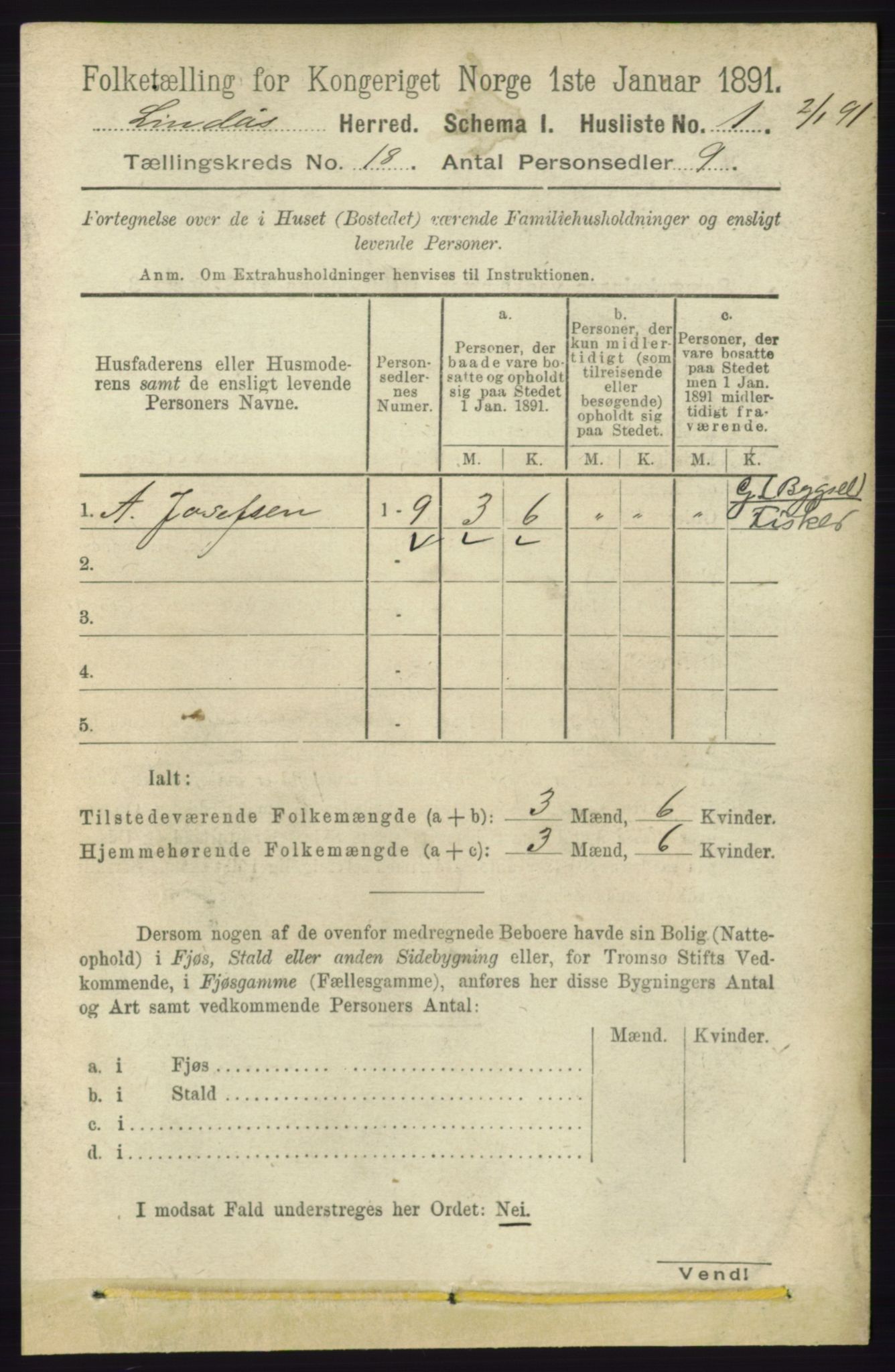 RA, 1891 census for 1263 Lindås, 1891, p. 6464