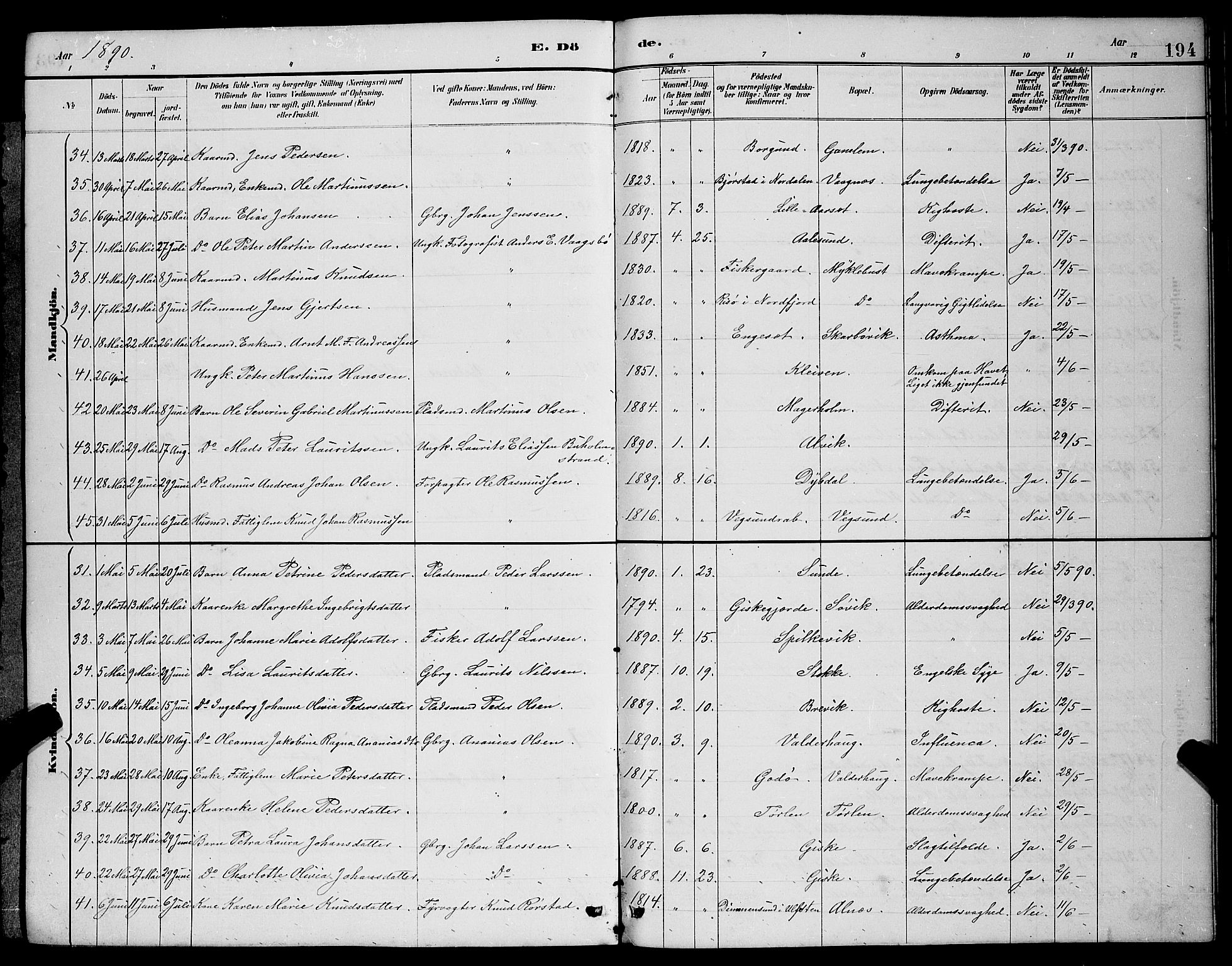 Ministerialprotokoller, klokkerbøker og fødselsregistre - Møre og Romsdal, SAT/A-1454/528/L0430: Parish register (copy) no. 528C11, 1884-1899, p. 194