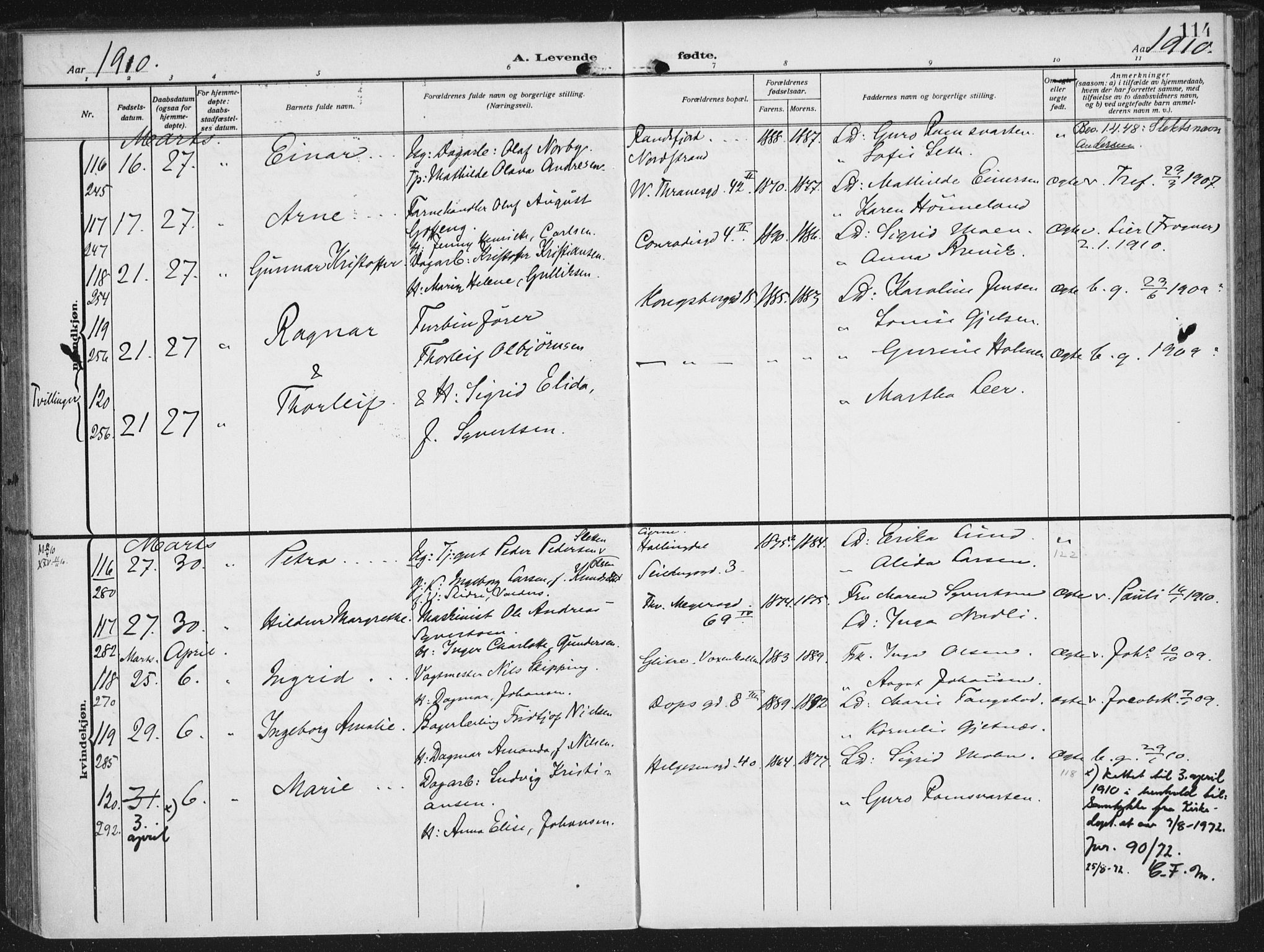Rikshospitalet prestekontor Kirkebøker, SAO/A-10309b/F/L0014: Parish register (official) no. 14, 1909-1912, p. 114